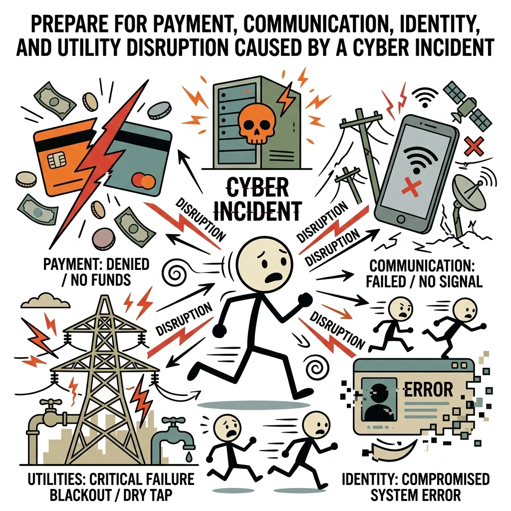 SC-style illustration for Prepare for payment, communication, identity, and utility disruption caused by a cyber incident.