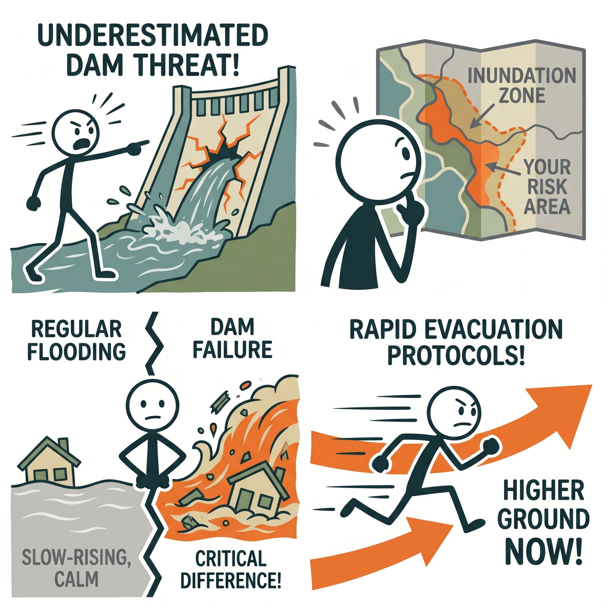 SC-style illustration for Explains the underestimated threat of dam failures, how to find your dam inundation zone, the critical difference between dam failure and regular flooding, and rapid evacuation protocols.