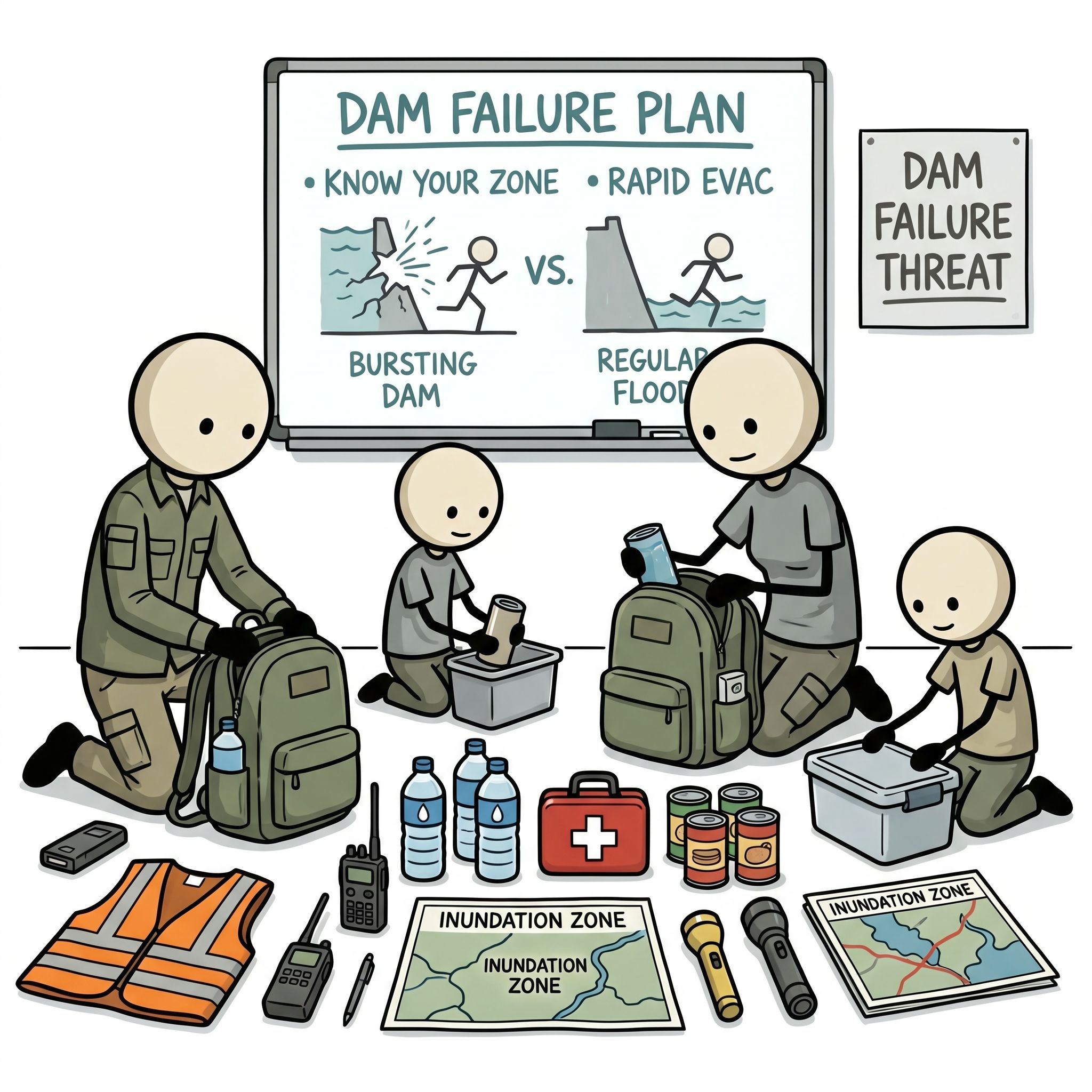 SC-style illustration for Explains the underestimated threat of dam failures, how to find your dam inundation zone, the critical difference between dam failure and regular flooding, and rapid evacuation protocols.
