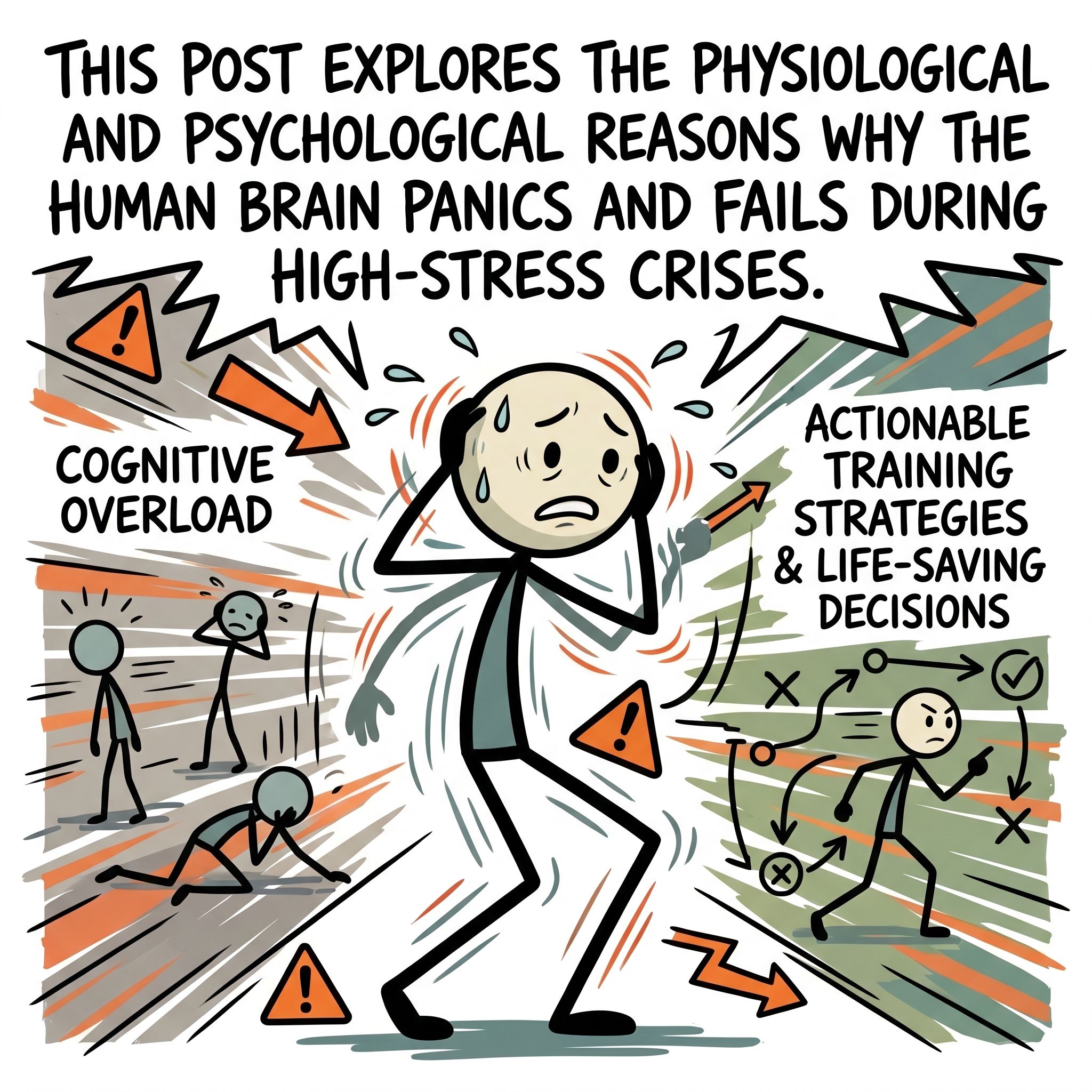 SC-style illustration for This post explores the physiological and psychological reasons why the human brain panics and fails during high-stress crises, offering actionable training strategies to bypass cognitive overload and make life-saving decisions.