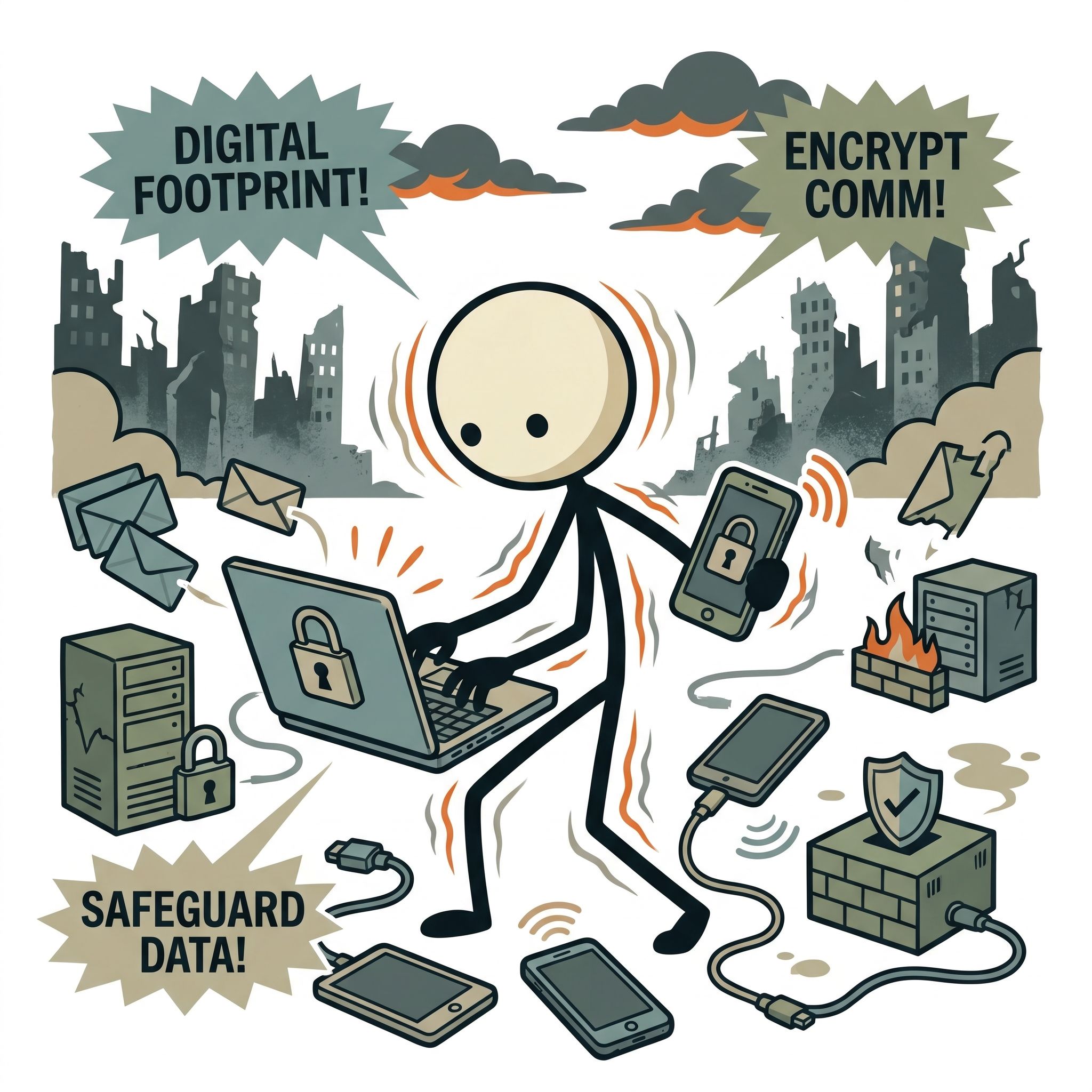 SC-style illustration for This post provides a comprehensive guide for preppers on securing their digital footprint, encrypting communications, and safeguarding sensitive personal data against cyber threats and surveillance before an emergency or grid-down scenario occurs.