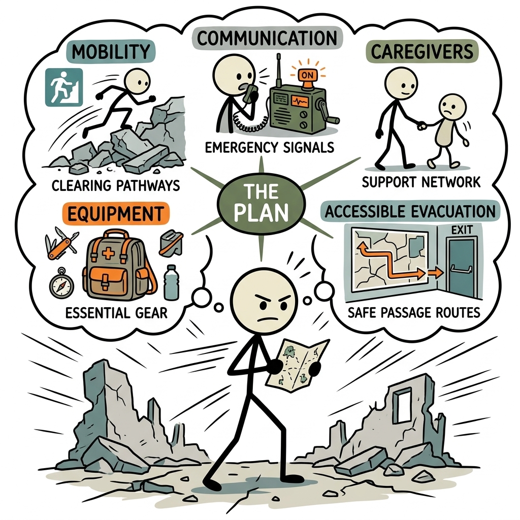 SC-style illustration for Create a capability-first plan for mobility, communication, caregivers, equipment, and accessible evacuation.