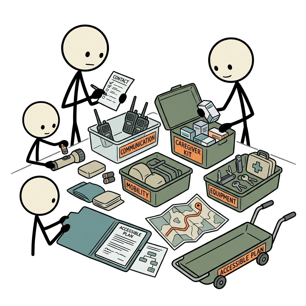 SC-style illustration for Create a capability-first plan for mobility, communication, caregivers, equipment, and accessible evacuation.