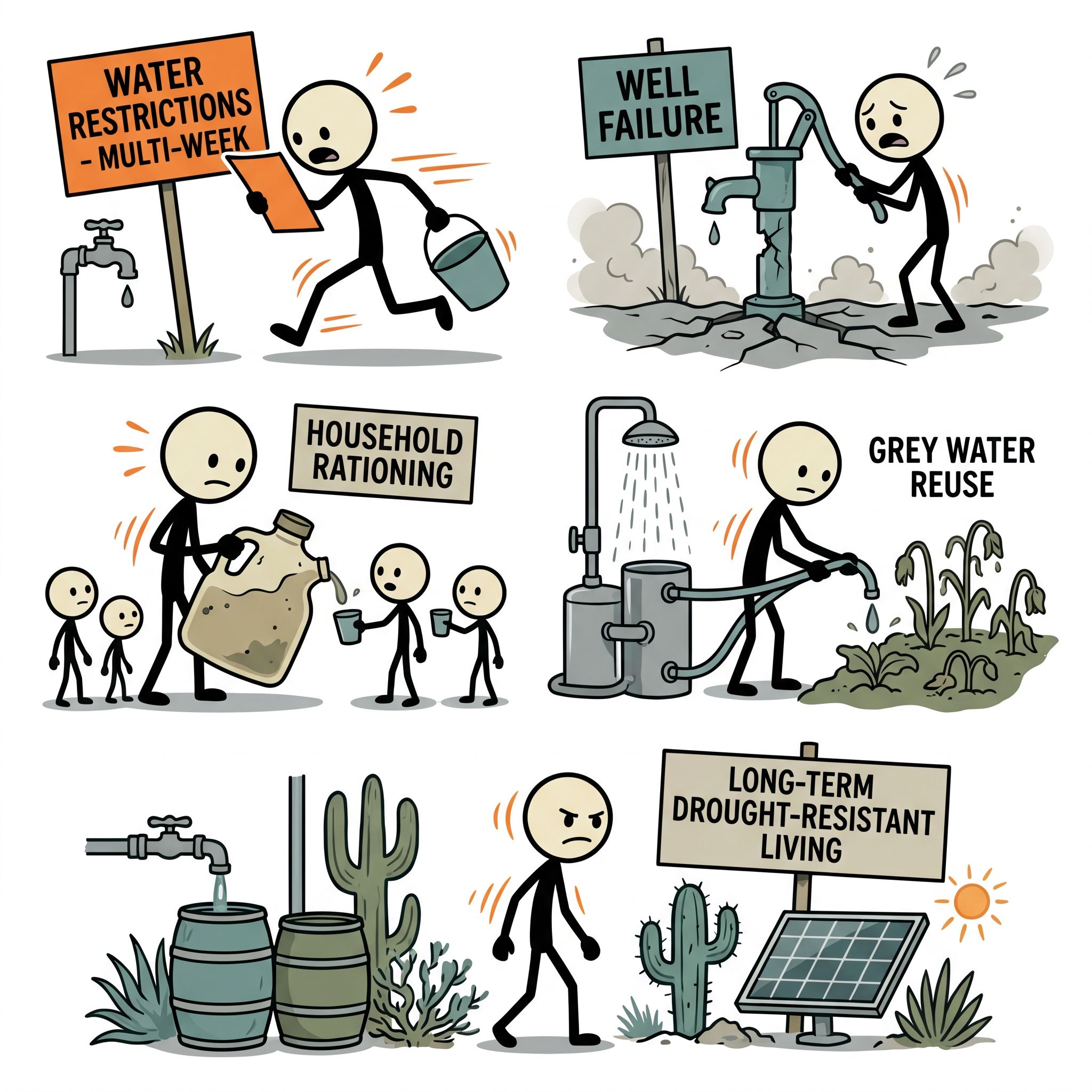 SC-style illustration for Addresses multi-week and multi-month drought scenarios including municipal water restrictions, well failure, household water rationing strategies, grey water reuse, and long-term drought-resistant living.