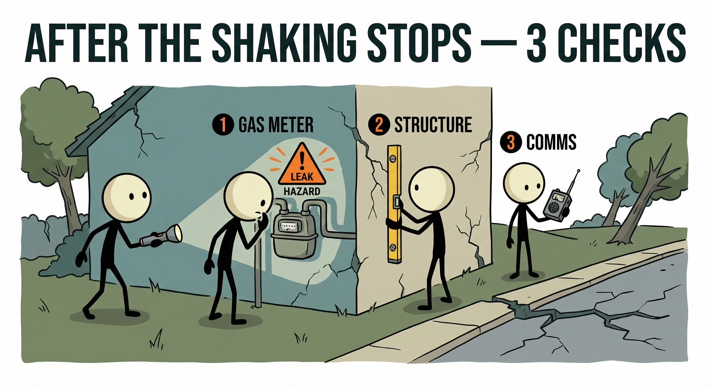 Stick figure checking home for damage after earthquake