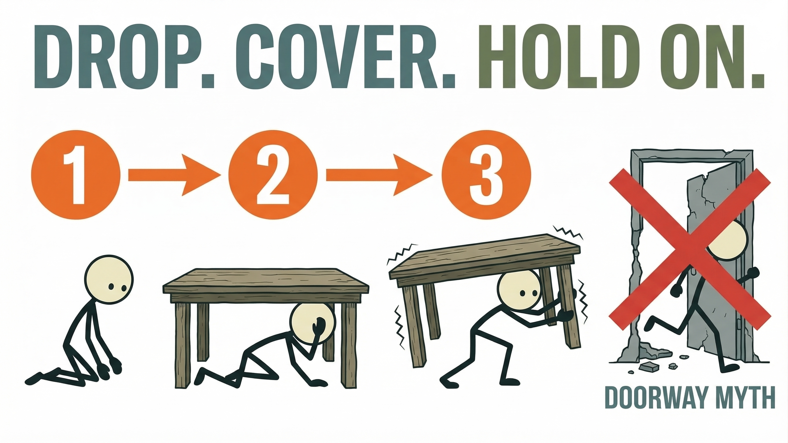 Stick figure in drop cover hold position during earthquake