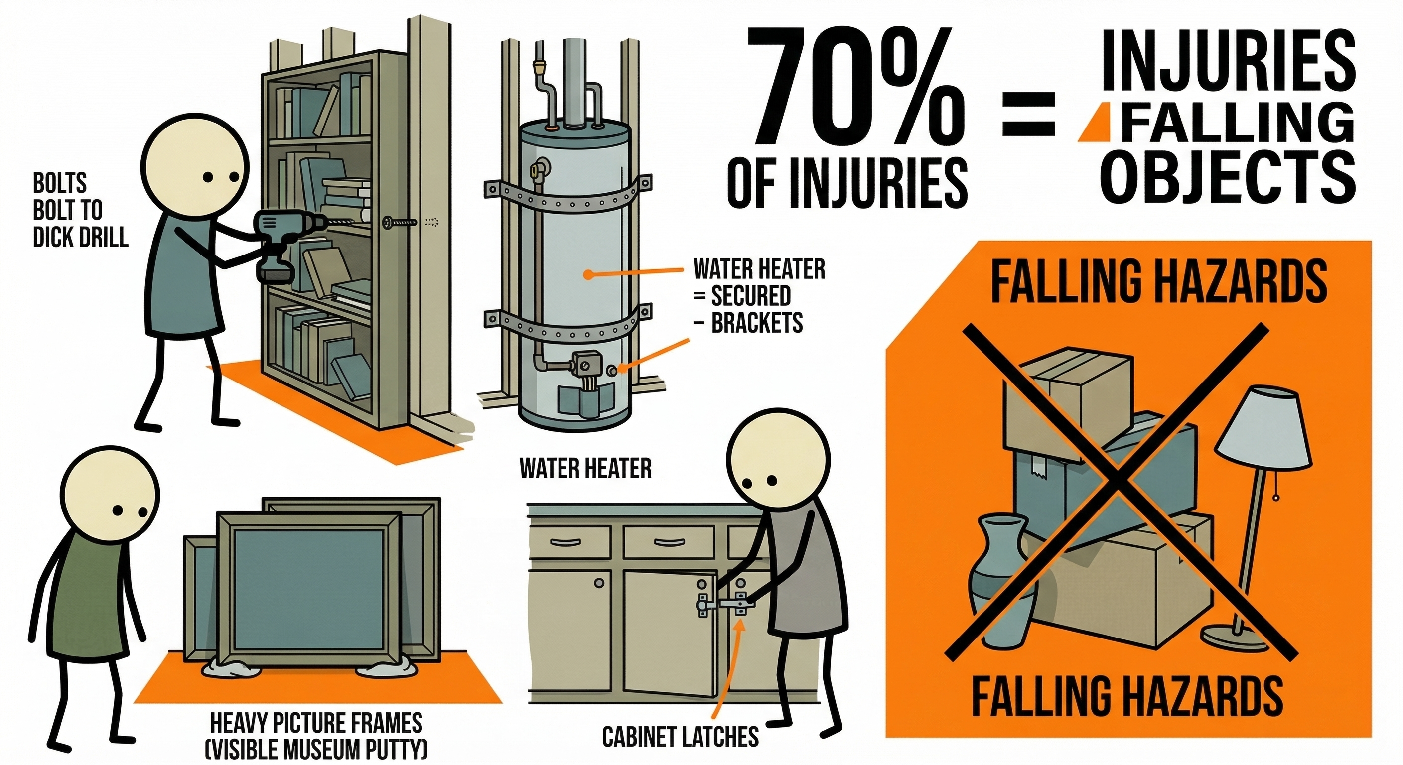 Stick figure securing furniture and appliances before earthquake