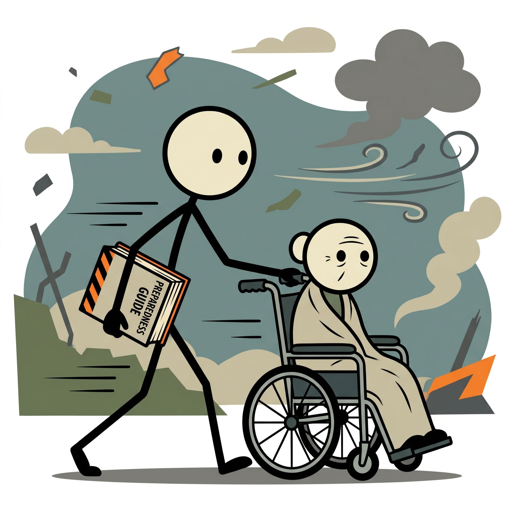 SC-style illustration for A comprehensive preparedness guide designed to help caregivers protect, evacuate, and care for elderly parents during natural disasters and emergencies.