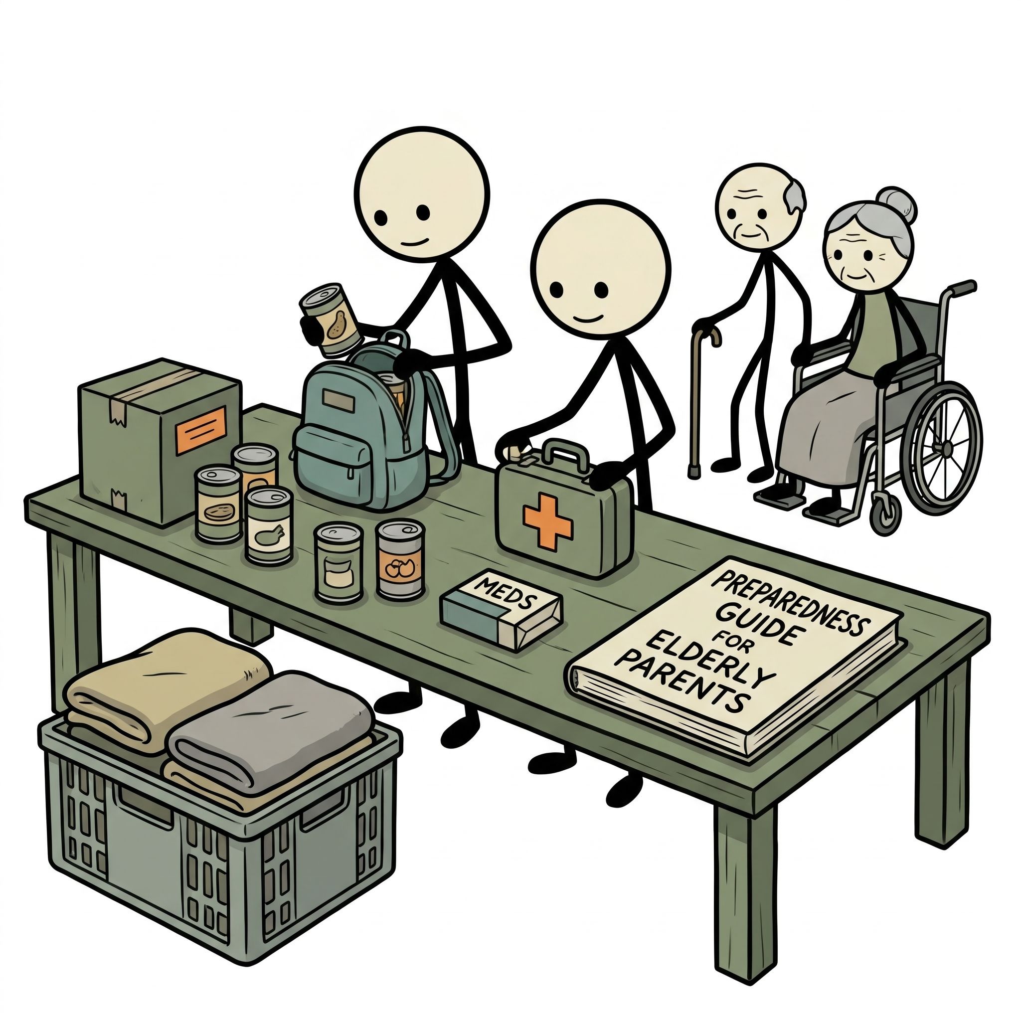 SC-style illustration for A comprehensive preparedness guide designed to help caregivers protect, evacuate, and care for elderly parents during natural disasters and emergencies.
