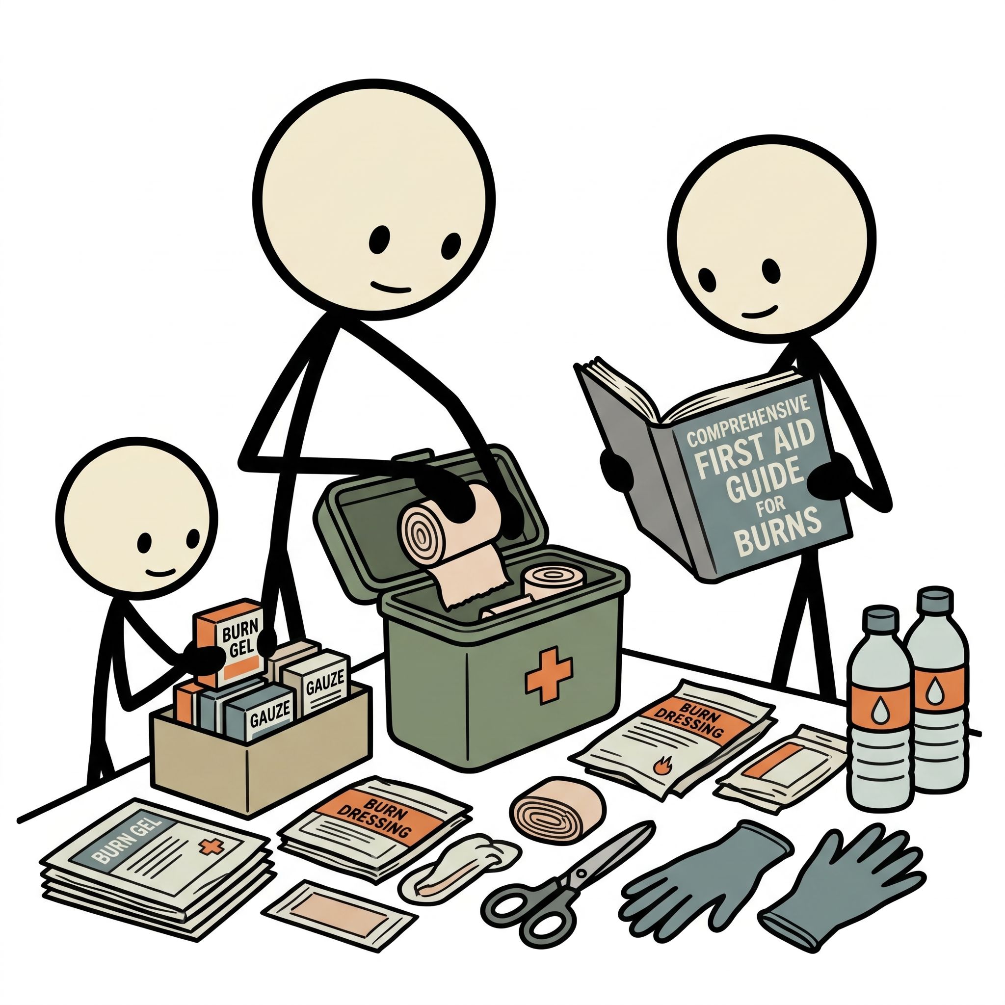 SC-style illustration for Comprehensive first aid guide for burns in emergency scenarios