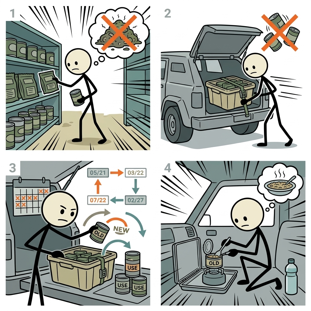 SC-style illustration for Select, store, rotate, and safely use vehicle food without relying on unsafe long-term storage.