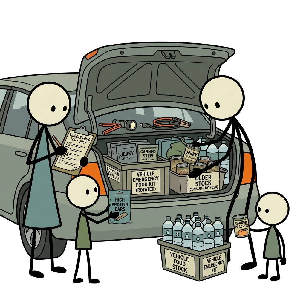 SC-style illustration for Select, store, rotate, and safely use vehicle food without relying on unsafe long-term storage.