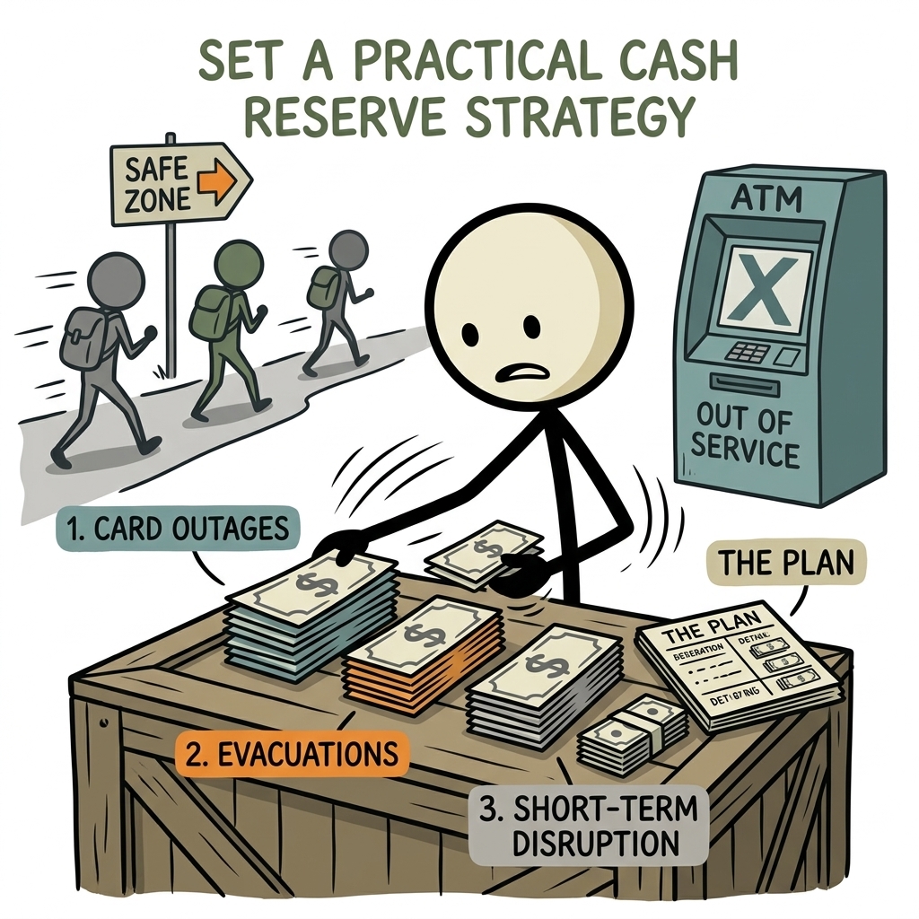 SC-style illustration for Set a practical cash reserve strategy for card outages, evacuations, and short-term disruption.