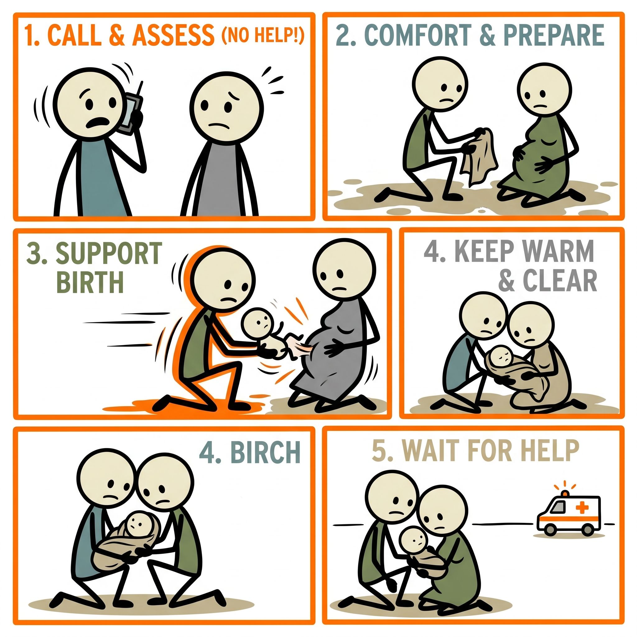 SC-style illustration for Step-by-step guide for managing an emergency birth when professional medical assistance is unavailable
