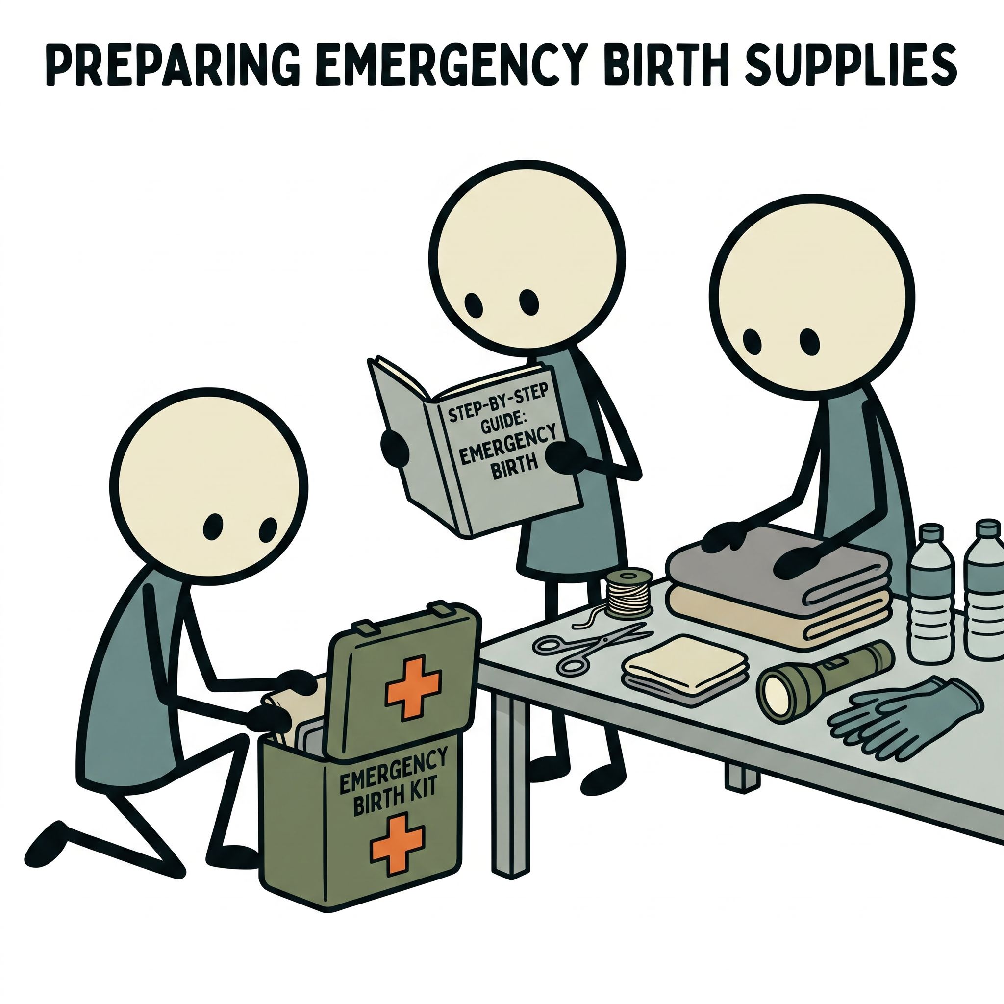 SC-style illustration for Step-by-step guide for managing an emergency birth when professional medical assistance is unavailable