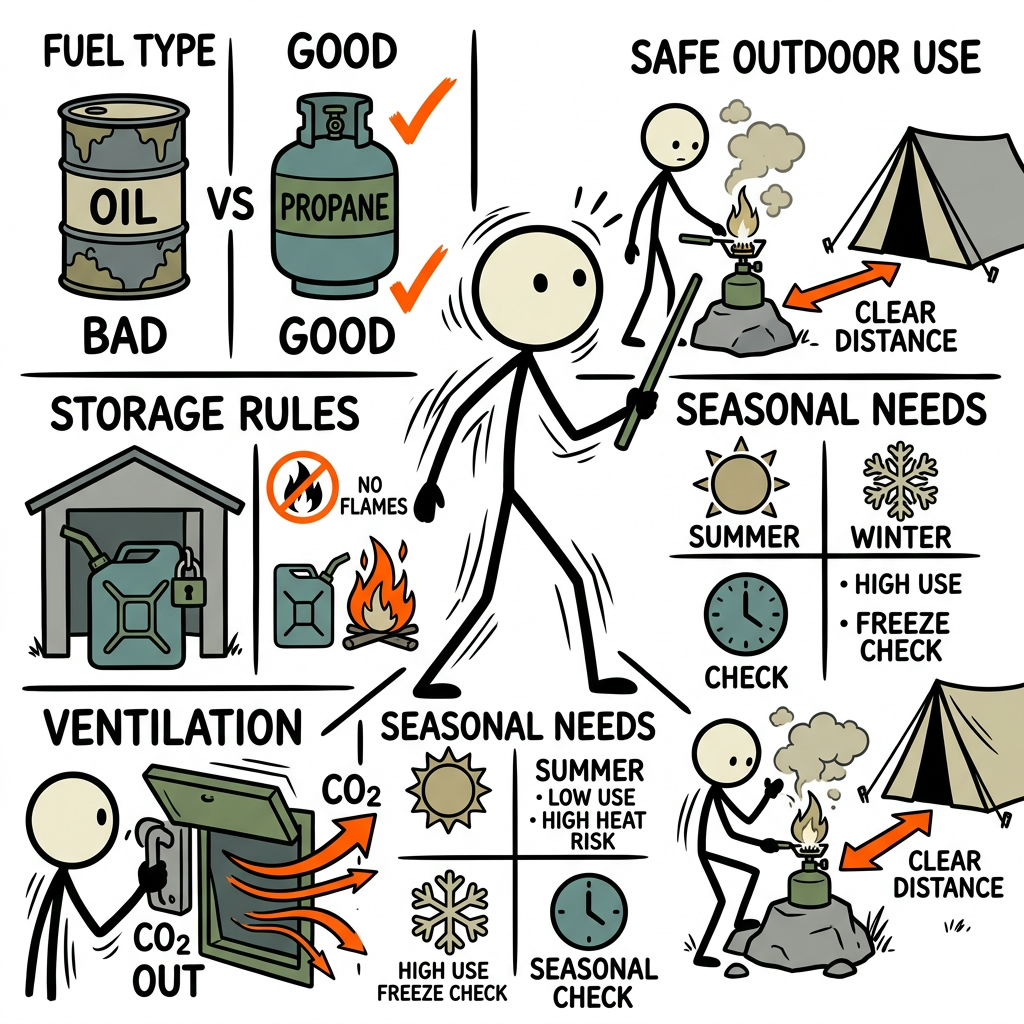 SC-style illustration for Compare fuel types, storage rules, ventilation, seasonal needs, and safe outdoor use.