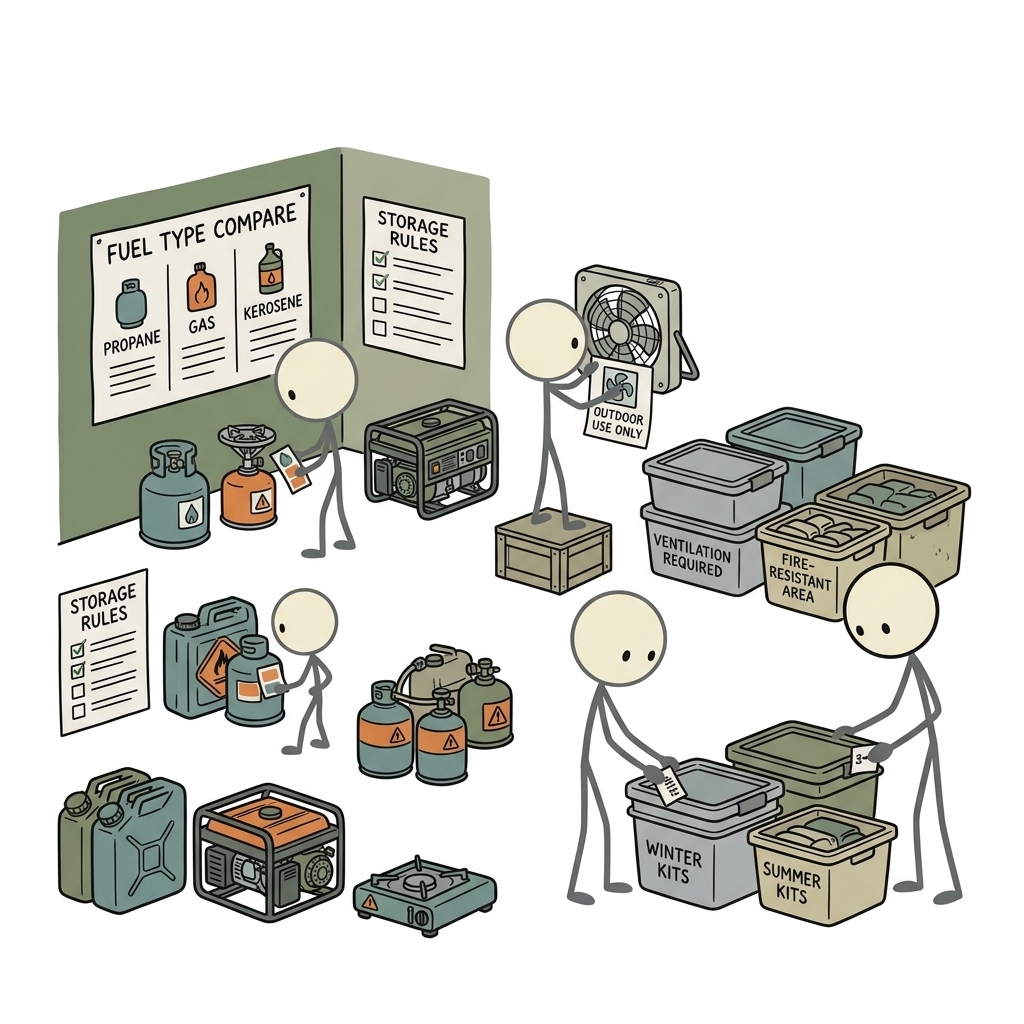 SC-style illustration for Compare fuel types, storage rules, ventilation, seasonal needs, and safe outdoor use.