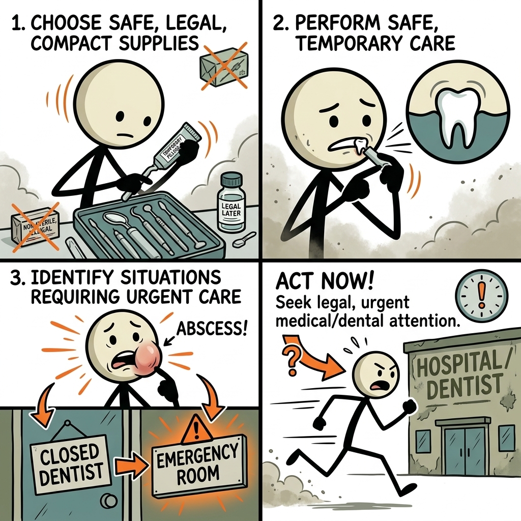 SC-style illustration for Choose safe, legal, compact dental first-aid supplies and identify situations requiring urgent care.