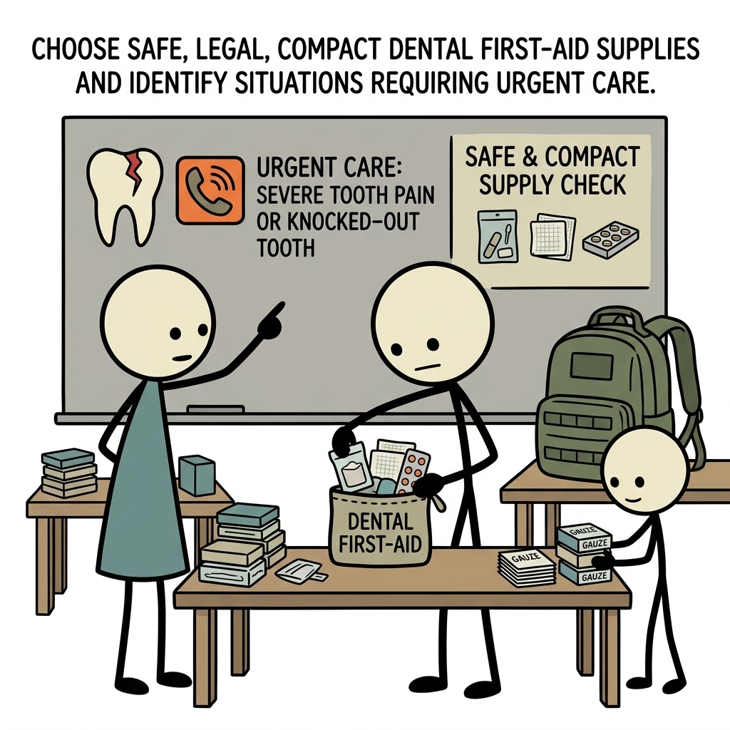 SC-style illustration for Choose safe, legal, compact dental first-aid supplies and identify situations requiring urgent care.