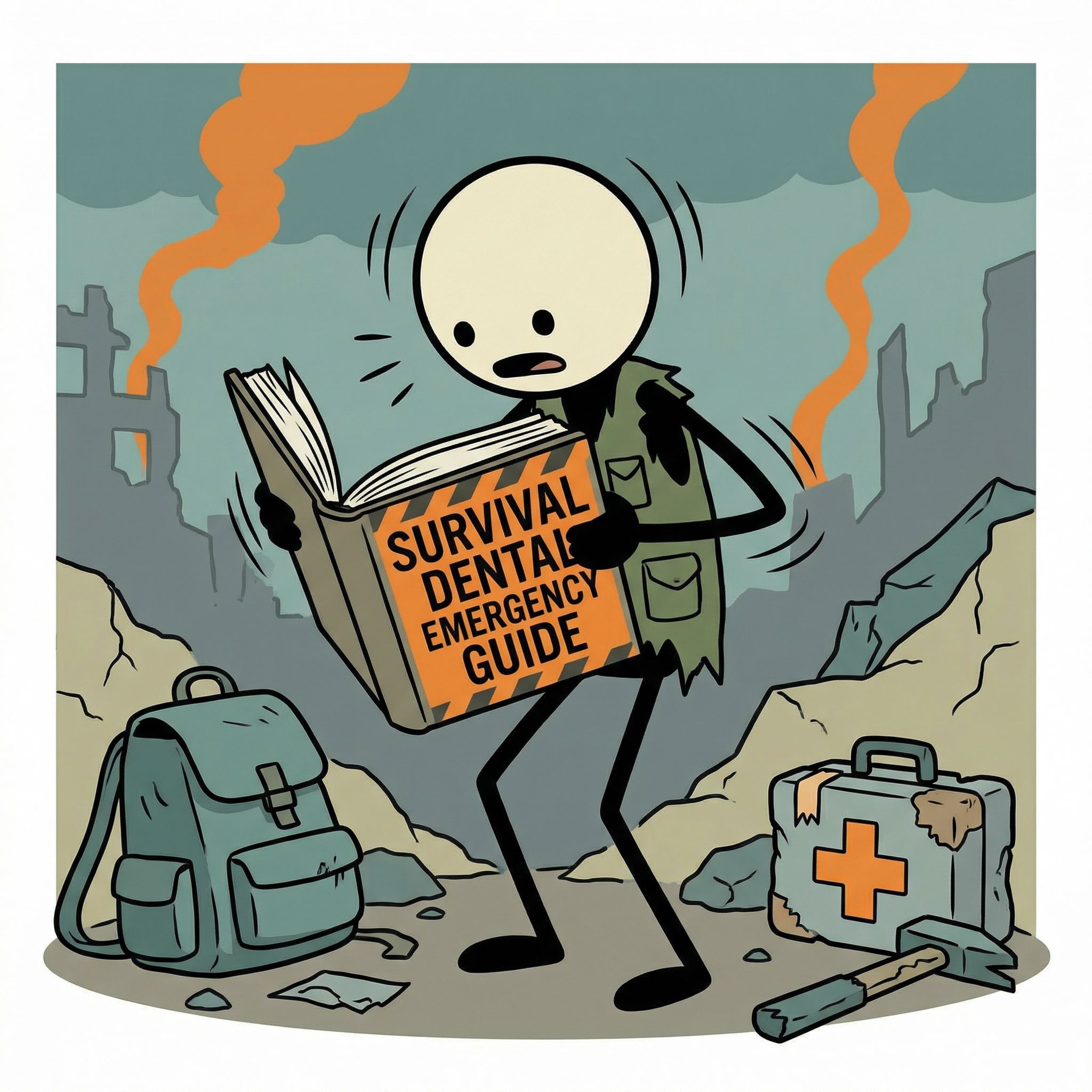SC-style illustration for A comprehensive guide on managing severe tooth pain, oral infections, and dental injuries in survival scenarios where professional medical help is completely inaccessible.