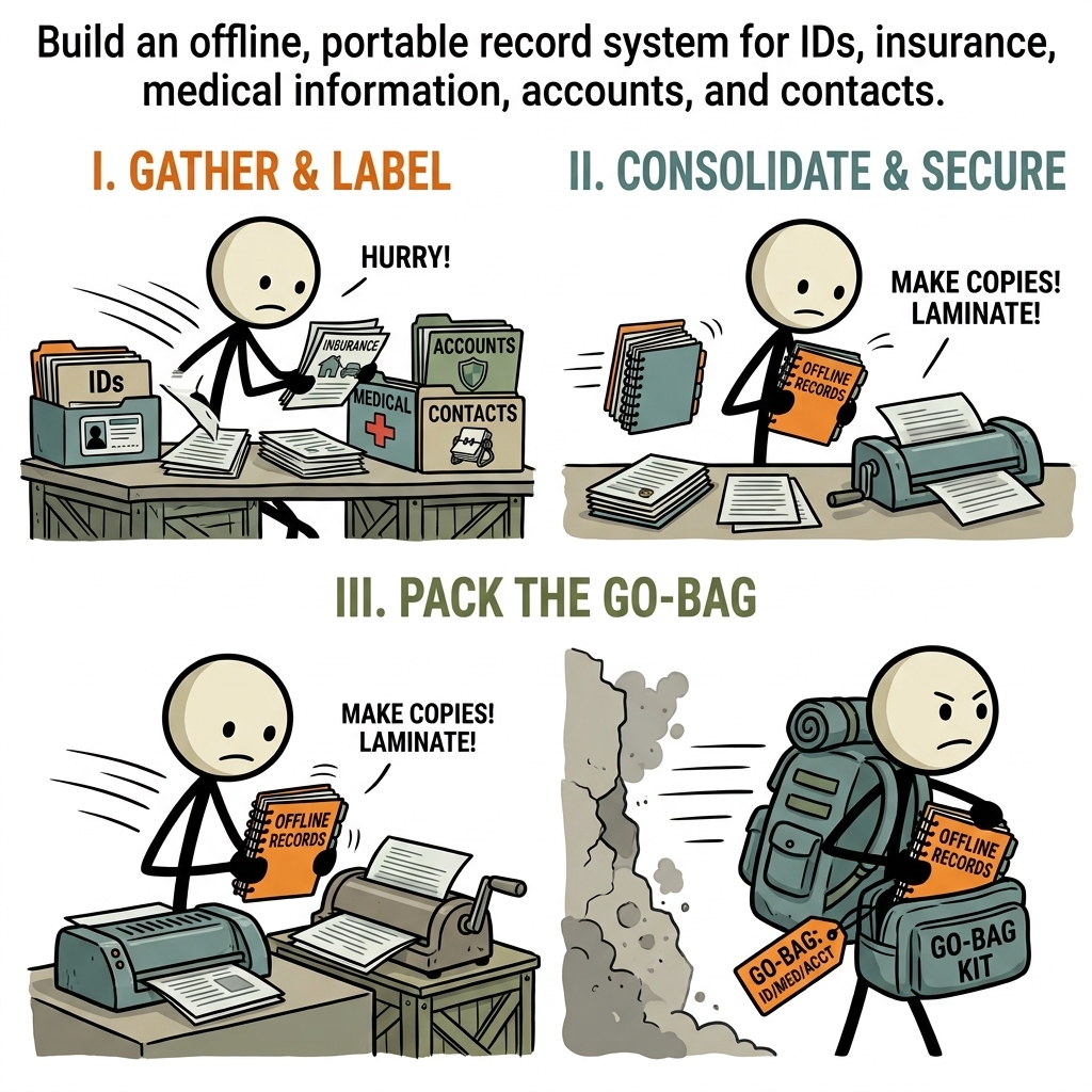 SC-style illustration for Build an offline, portable record system for IDs, insurance, medical information, accounts, and contacts.