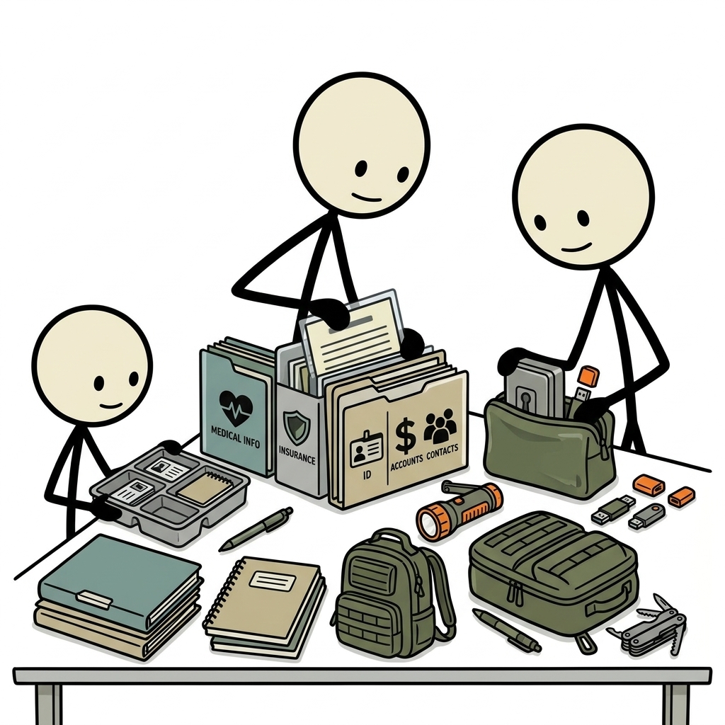 SC-style illustration for Build an offline, portable record system for IDs, insurance, medical information, accounts, and contacts.