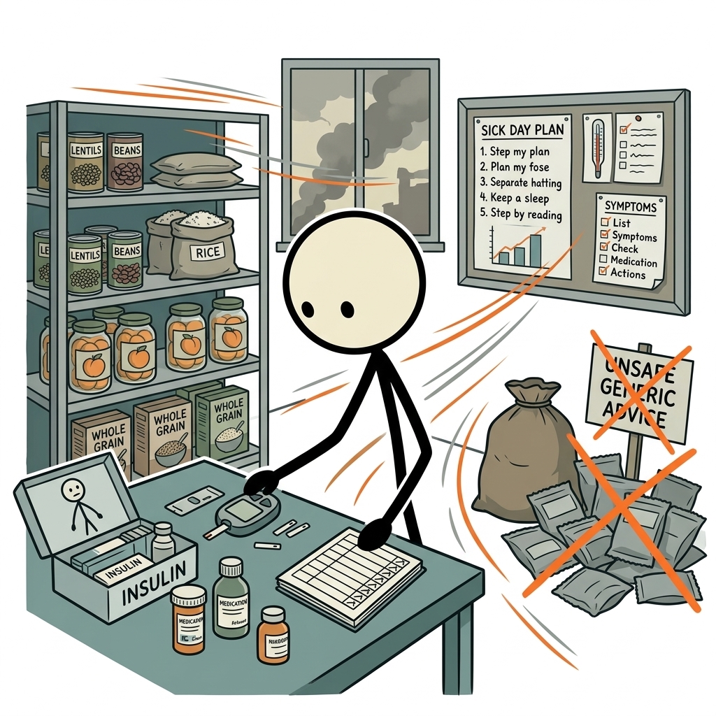 SC-style illustration for Plan shelf-stable food, glucose monitoring, medication, and sick-day contingencies without unsafe generic advice.
