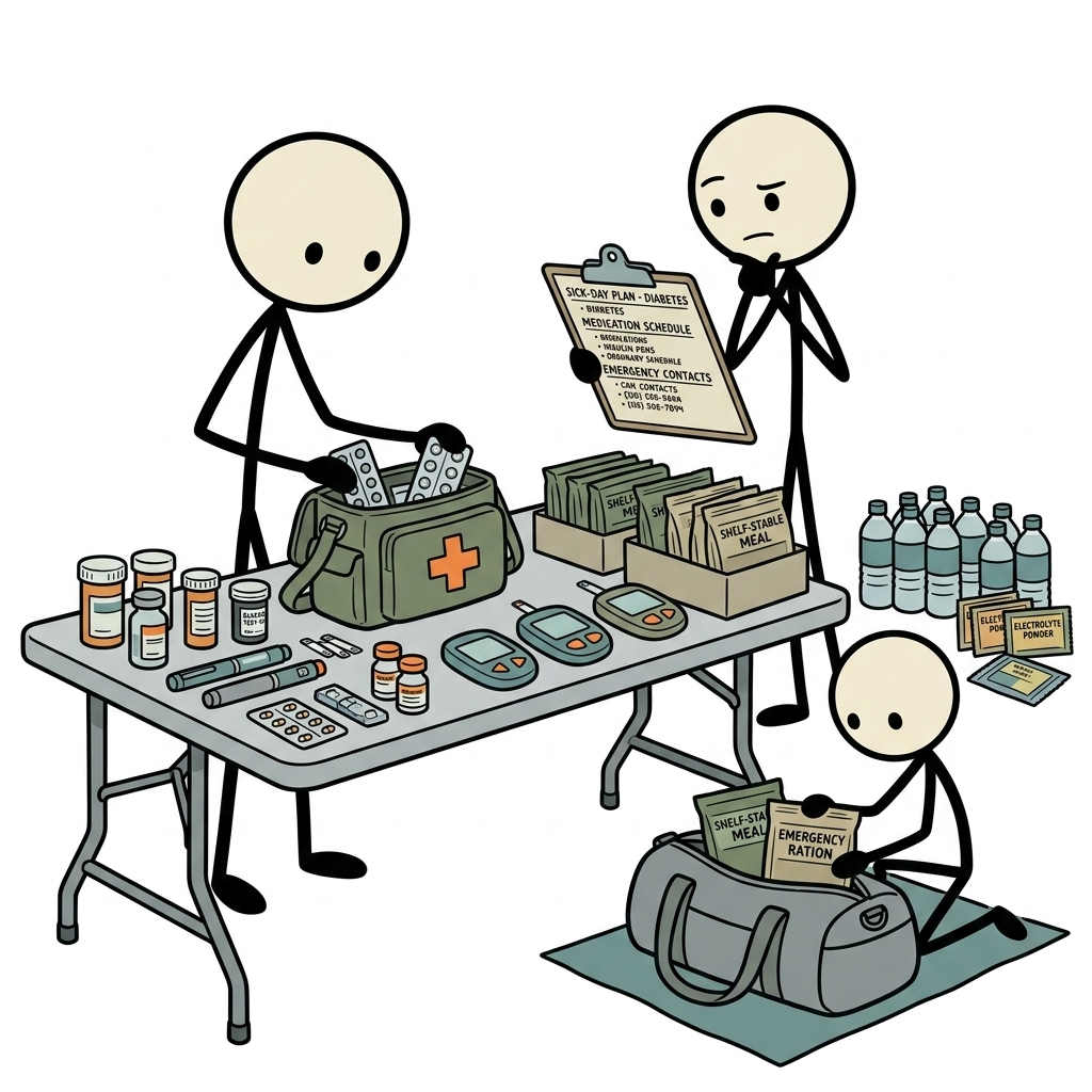 SC-style illustration for Plan shelf-stable food, glucose monitoring, medication, and sick-day contingencies without unsafe generic advice.