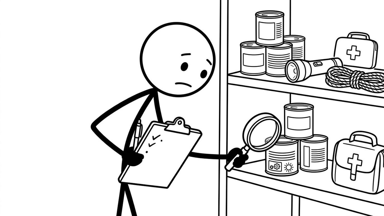 SC stick figure checking expiration dates on emergency supplies