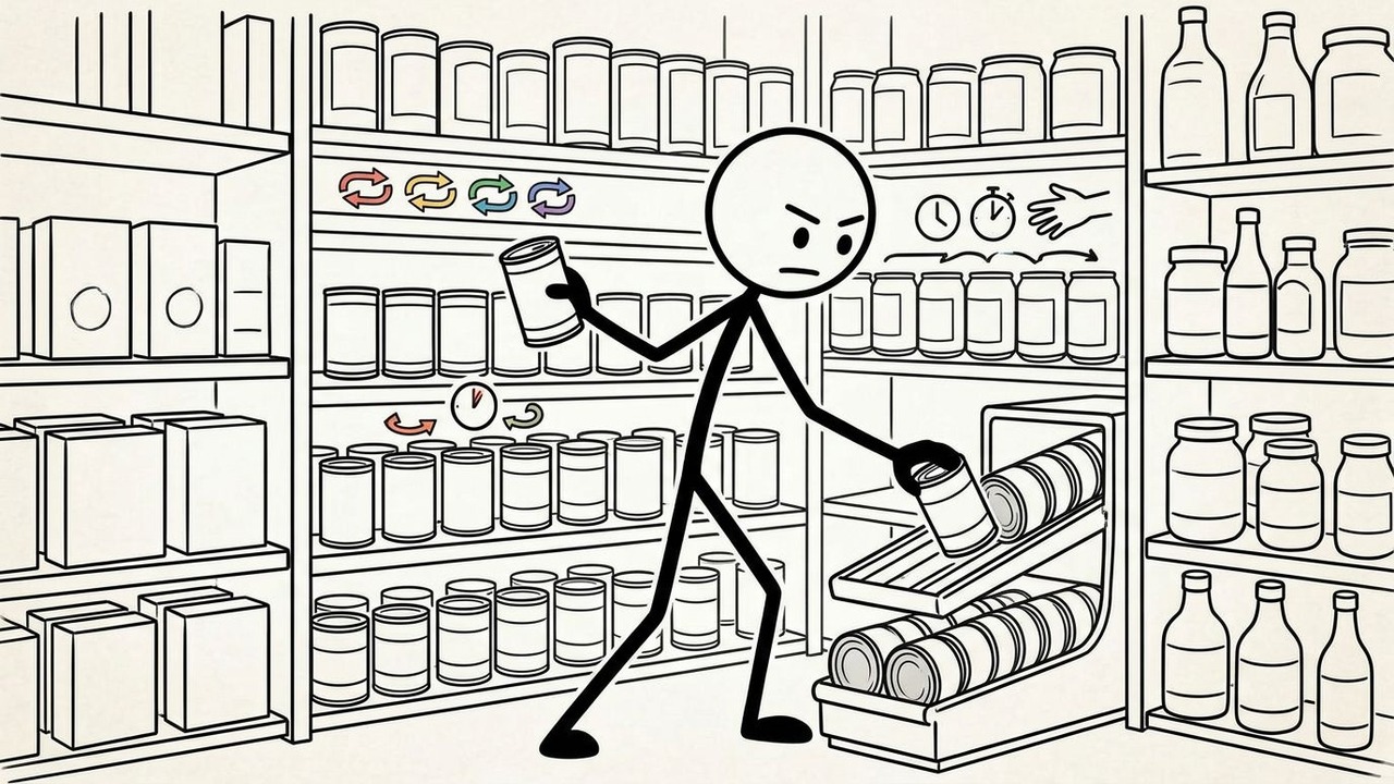 SC stick figure rotating food storage using FIFO method