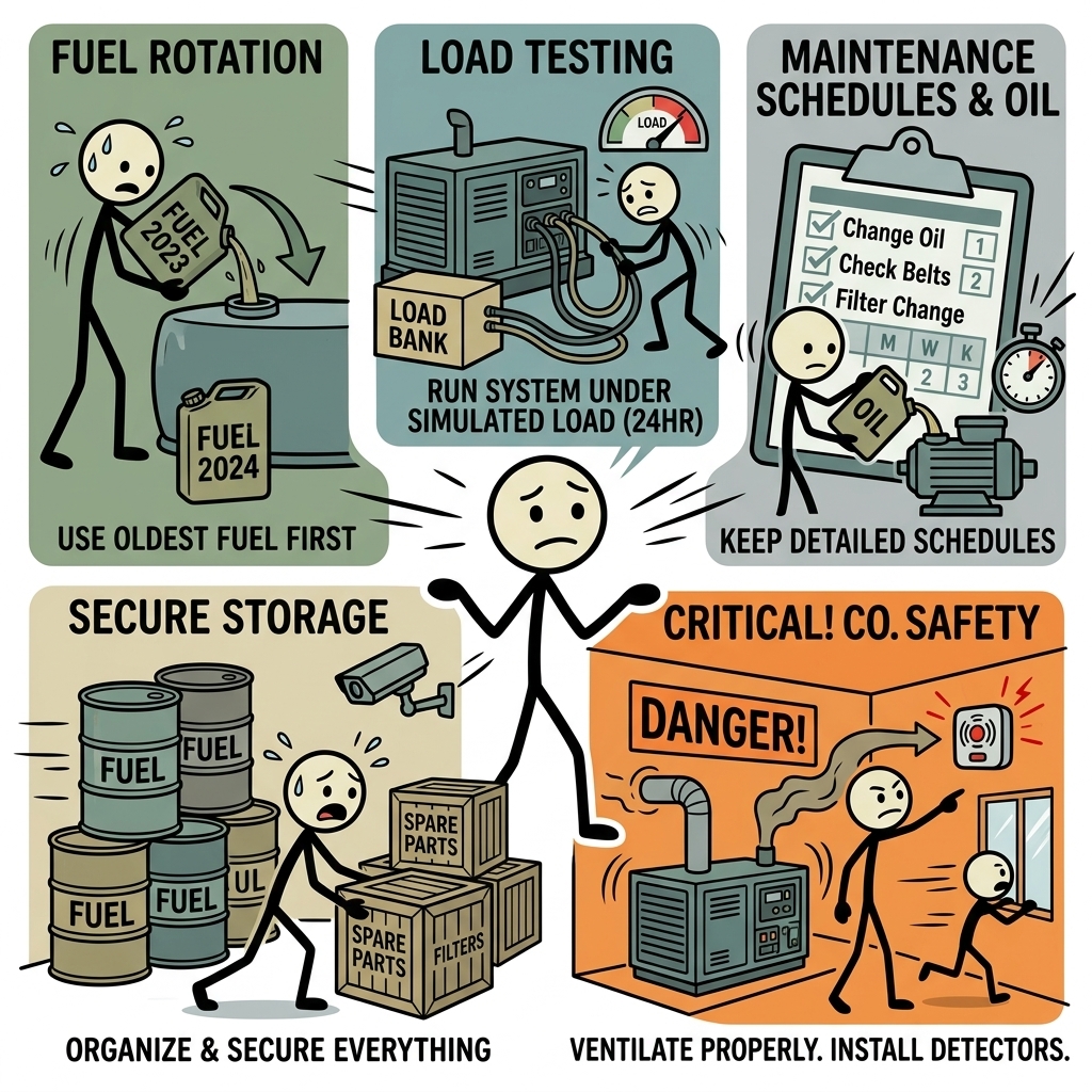 SC-style illustration for Explain fuel rotation, load testing, oil, storage, carbon-monoxide safety, and maintenance schedules.