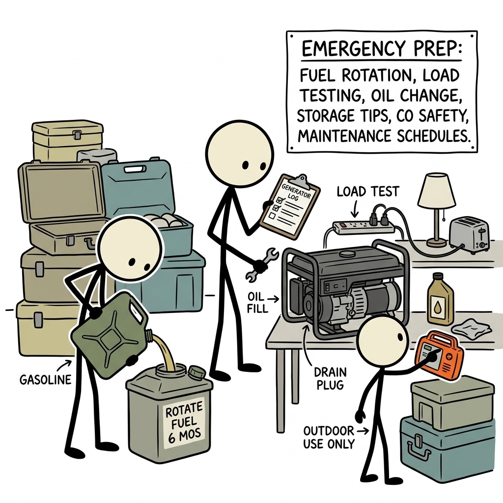 SC-style illustration for Explain fuel rotation, load testing, oil, storage, carbon-monoxide safety, and maintenance schedules.