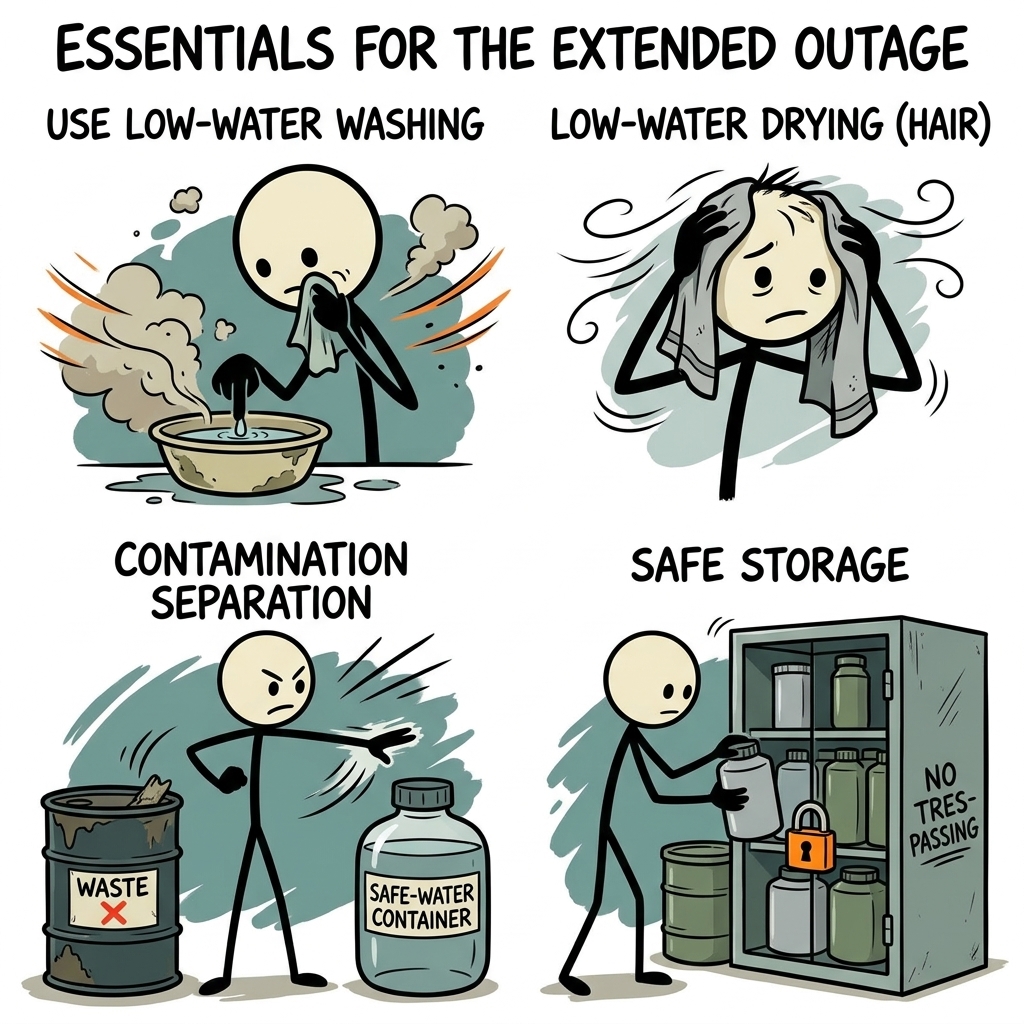 SC-style illustration for Use low-water washing, drying, contamination separation, and safe storage during extended outages.