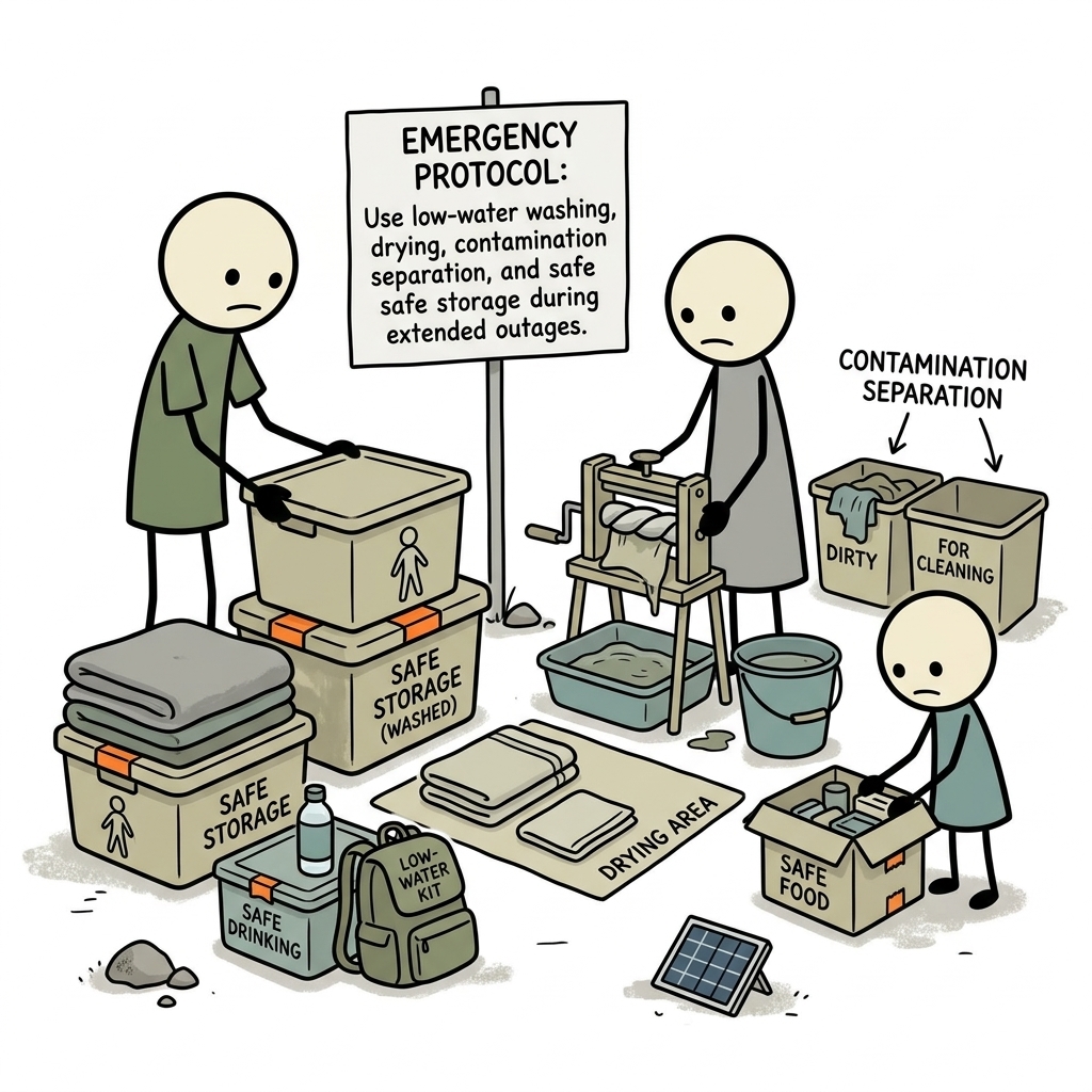 SC-style illustration for Use low-water washing, drying, contamination separation, and safe storage during extended outages.