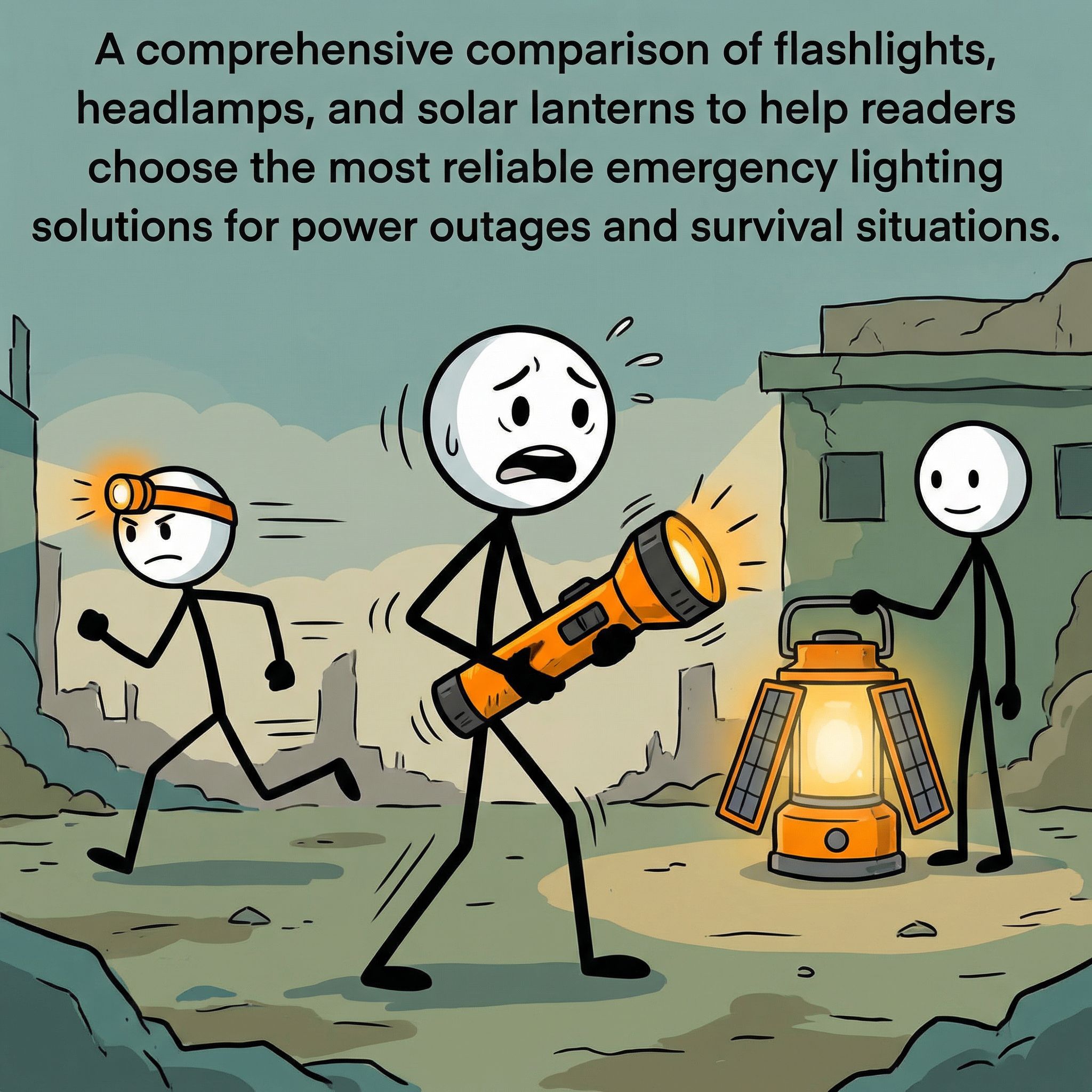 SC-style illustration for A comprehensive comparison of flashlights, headlamps, and solar lanterns to help readers choose the most reliable emergency lighting solutions for power outages and survival situations.