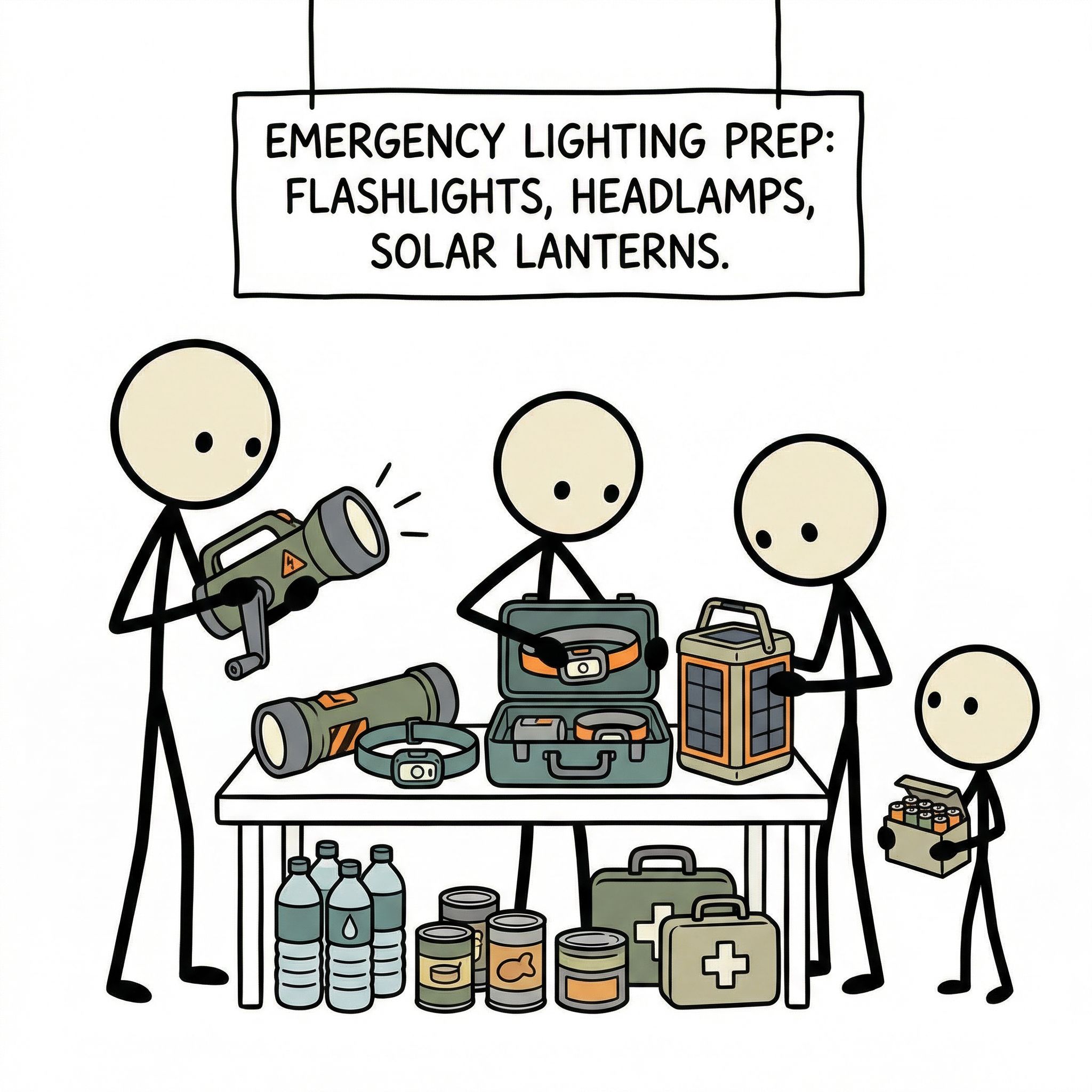 SC-style illustration for A comprehensive comparison of flashlights, headlamps, and solar lanterns to help readers choose the most reliable emergency lighting solutions for power outages and survival situations.