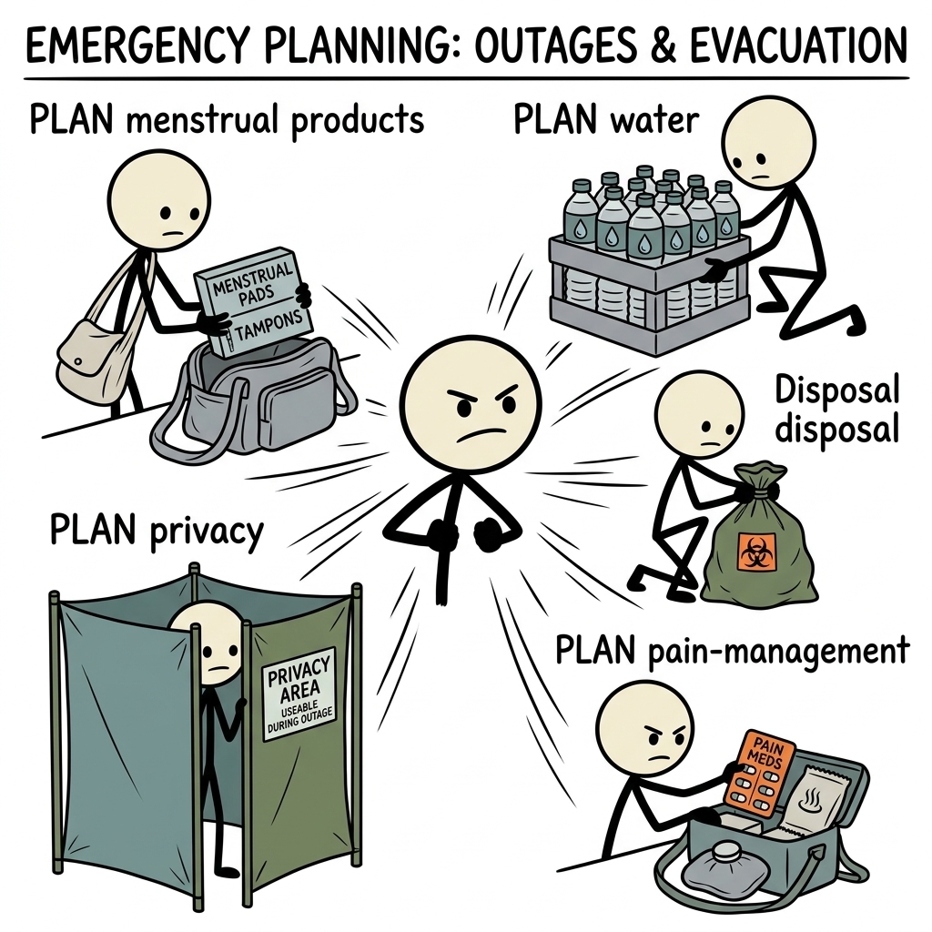 SC-style illustration for Plan menstrual products, water, disposal, privacy, and pain-management needs for outages and evacuation.