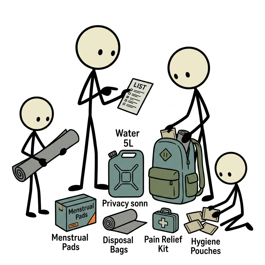 SC-style illustration for Plan menstrual products, water, disposal, privacy, and pain-management needs for outages and evacuation.