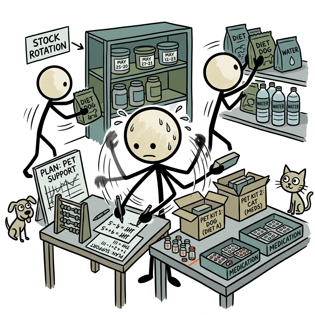 SC-style illustration for Calculate, rotate, and pack food and water for pets with dietary and medication needs.