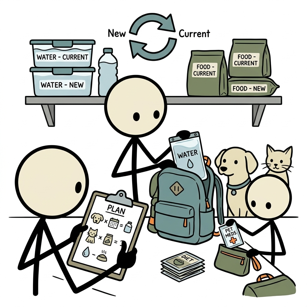SC-style illustration for Calculate, rotate, and pack food and water for pets with dietary and medication needs.