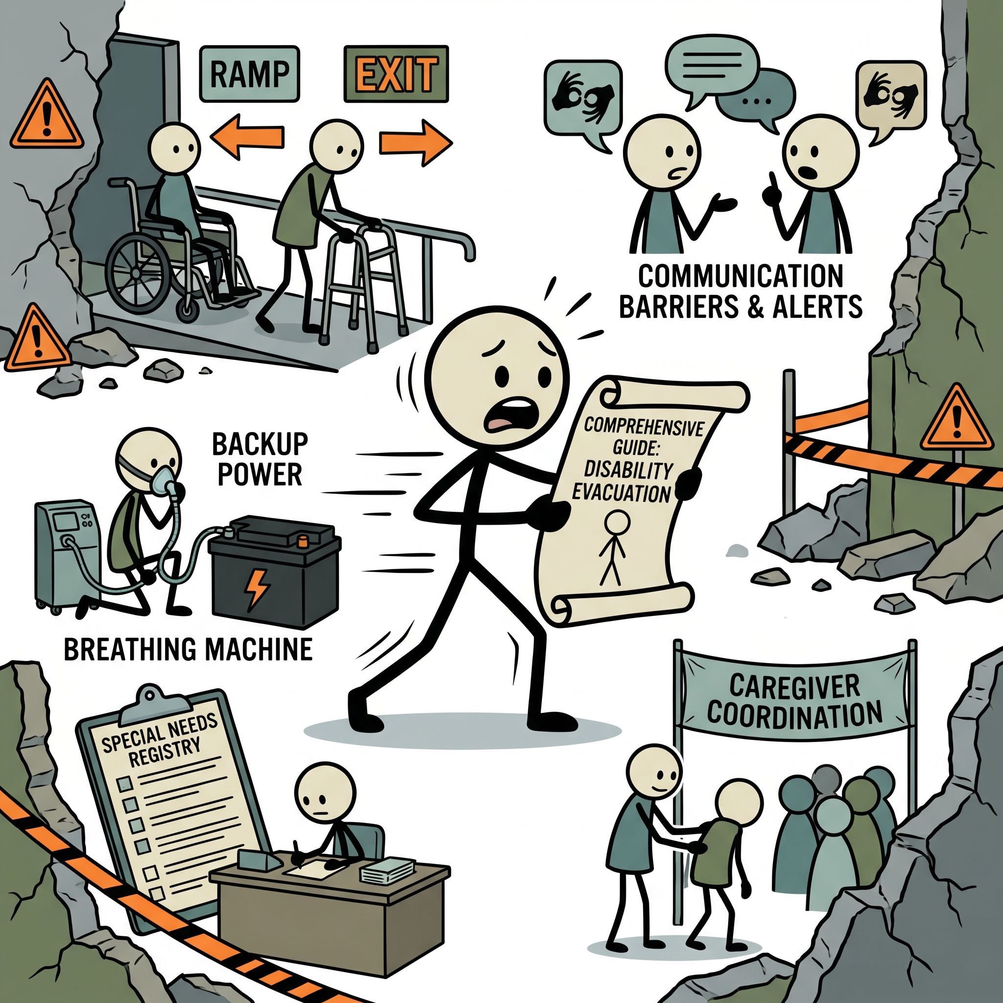 SC-style illustration for Comprehensive guide for people with disabilities covering evacuation planning, communication barriers, medical equipment backup power, special needs registries, and how caregivers can coordinate support.