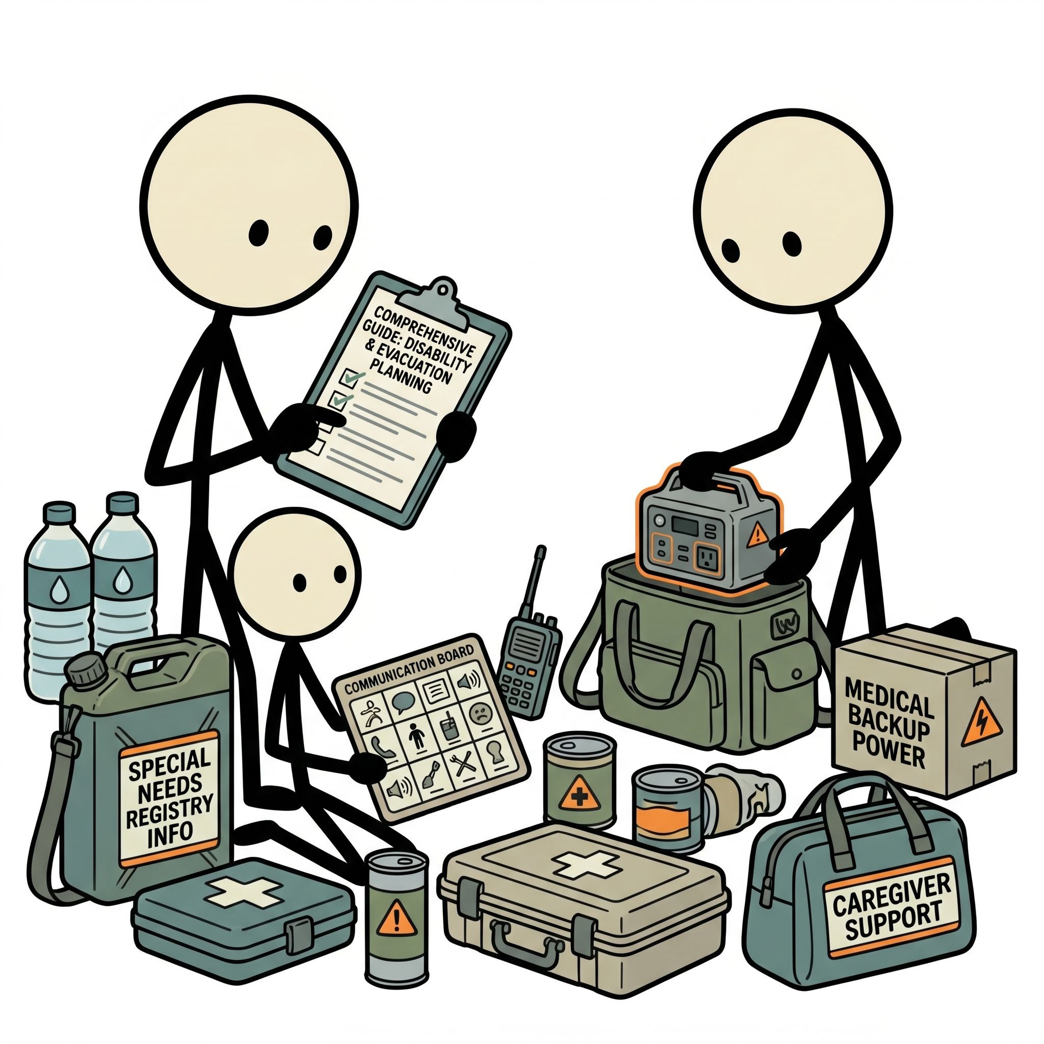 SC-style illustration for Comprehensive guide for people with disabilities covering evacuation planning, communication barriers, medical equipment backup power, special needs registries, and how caregivers can coordinate support.