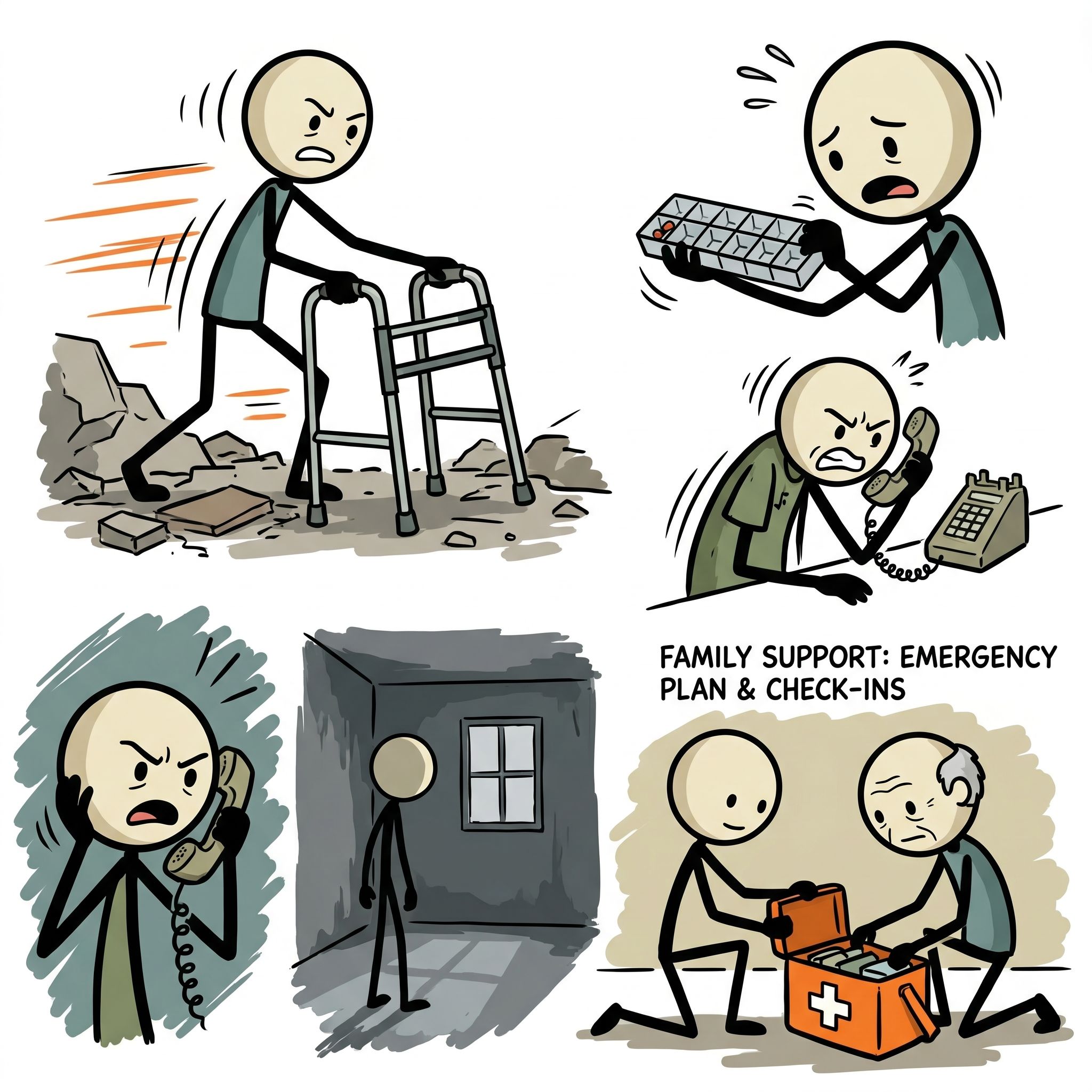 SC-style illustration for Addresses the unique emergency preparedness needs of older adults including mobility limitations, medication management, technology barriers, social isolation risks, and how family members can support elderly relatives.