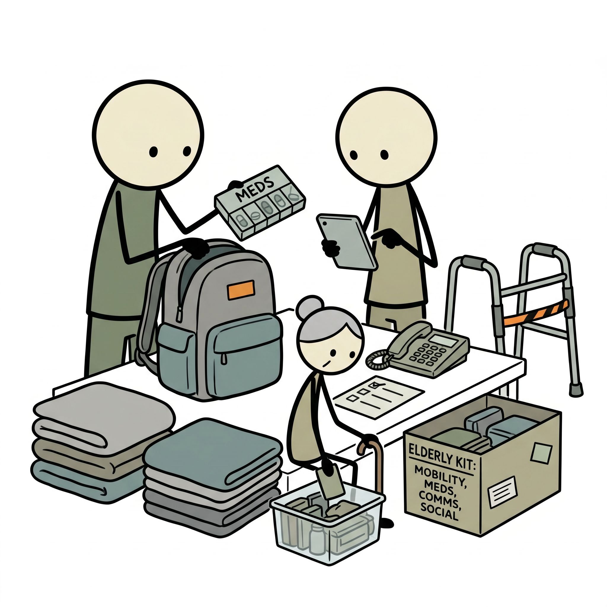 SC-style illustration for Addresses the unique emergency preparedness needs of older adults including mobility limitations, medication management, technology barriers, social isolation risks, and how family members can support elderly relatives.