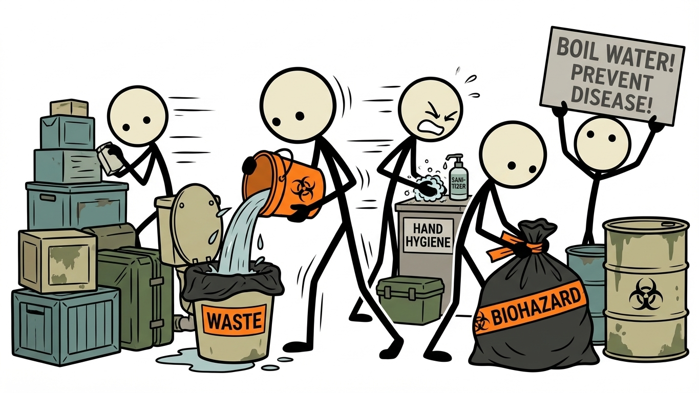 SC-style illustration for household sanitation planning for water outages including toilet alternatives, hand hygiene, waste handling, and disease prevention