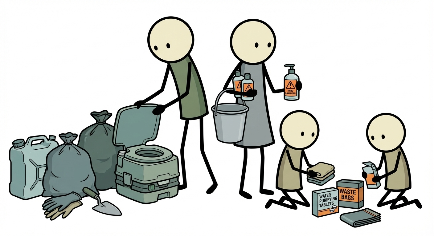 SC-style illustration for household sanitation planning for water outages including toilet alternatives, hand hygiene, waste handling, and disease prevention