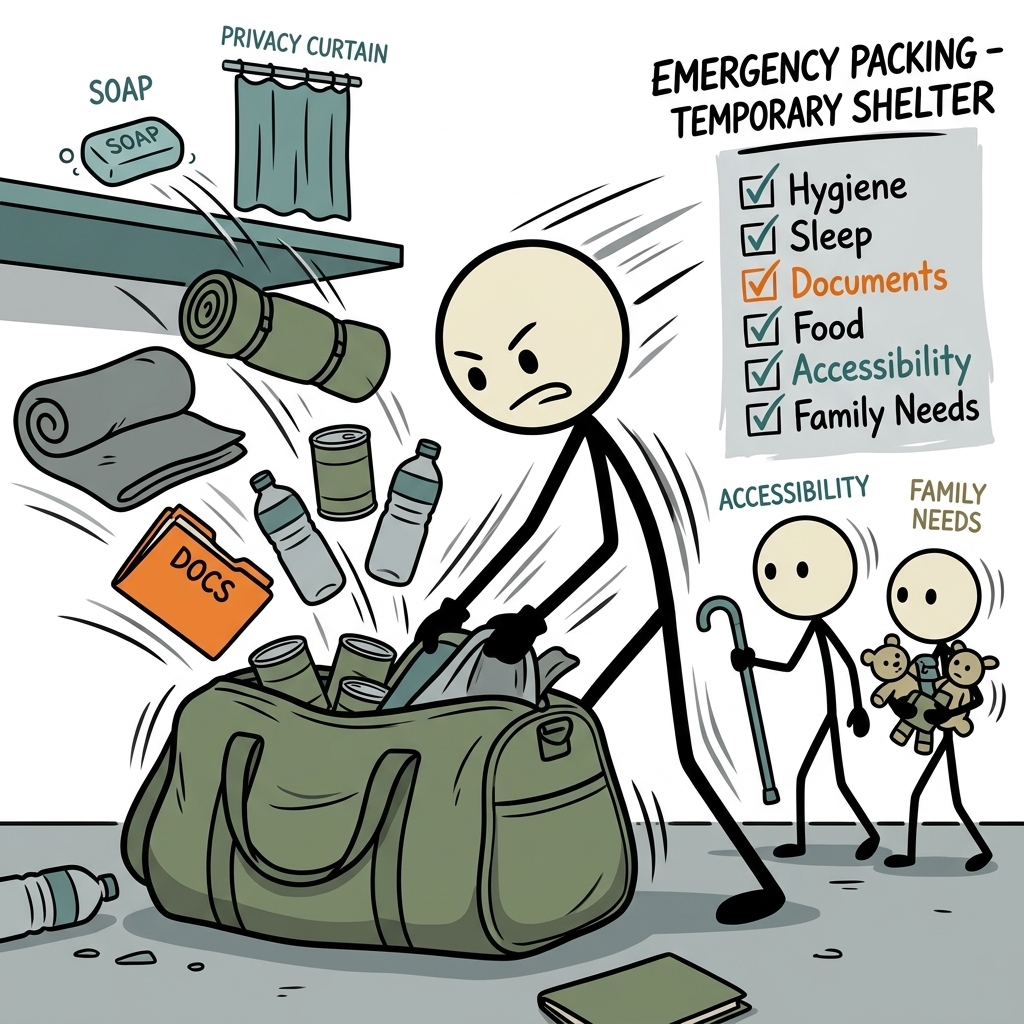 SC-style illustration for Pack privacy, hygiene, sleep, documents, food, accessibility, and family needs for a temporary shelter.