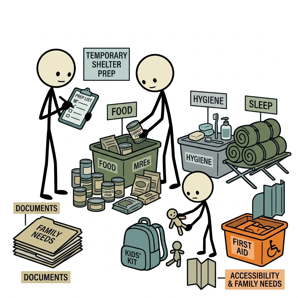 SC-style illustration for Pack privacy, hygiene, sleep, documents, food, accessibility, and family needs for a temporary shelter.