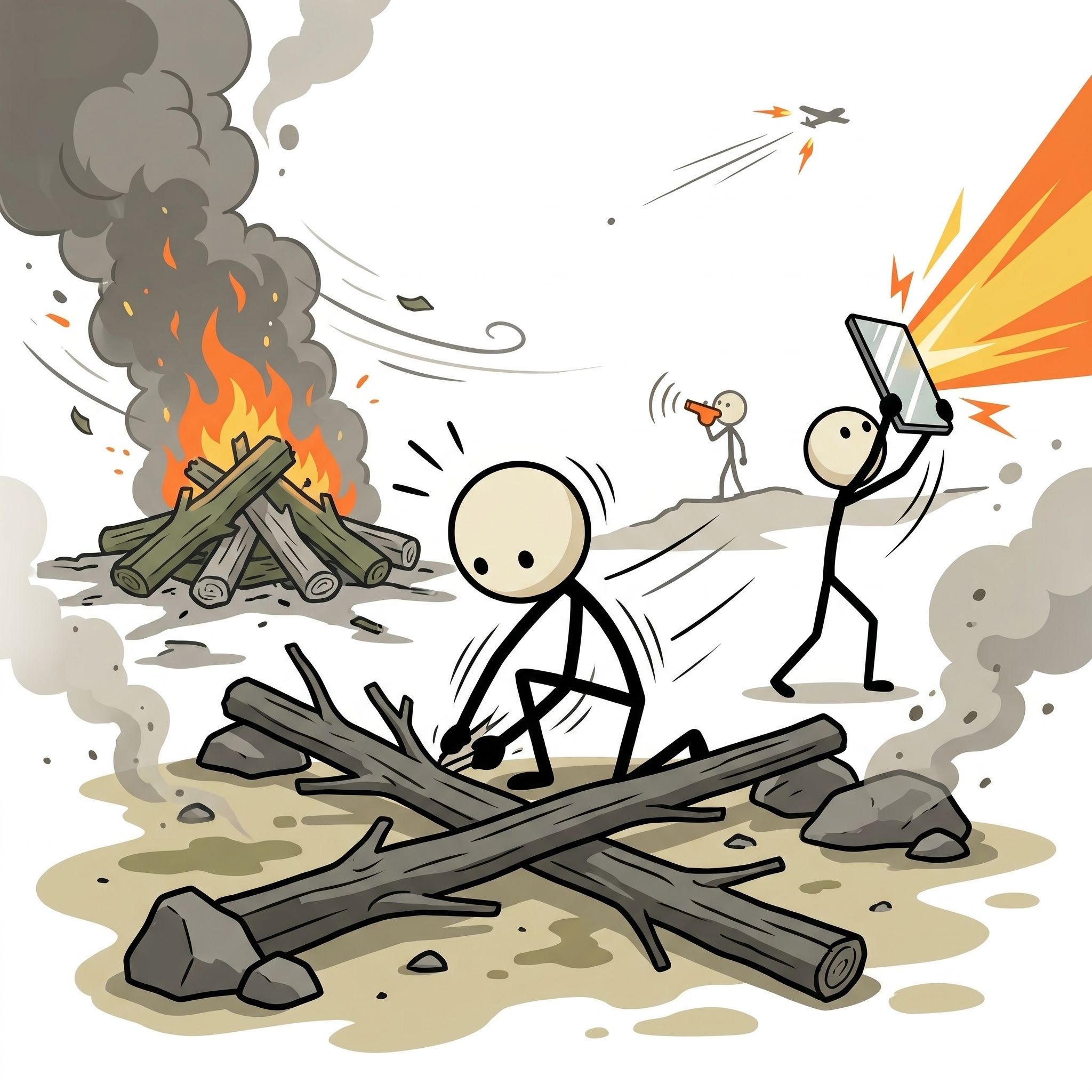 SC-style illustration for This post provides a comprehensive guide on utilizing primitive and non-electronic emergency signaling techniques, such as ground signals, mirrors, fires, and whistles, to attract rescue teams when modern technology fails in the wilderness.