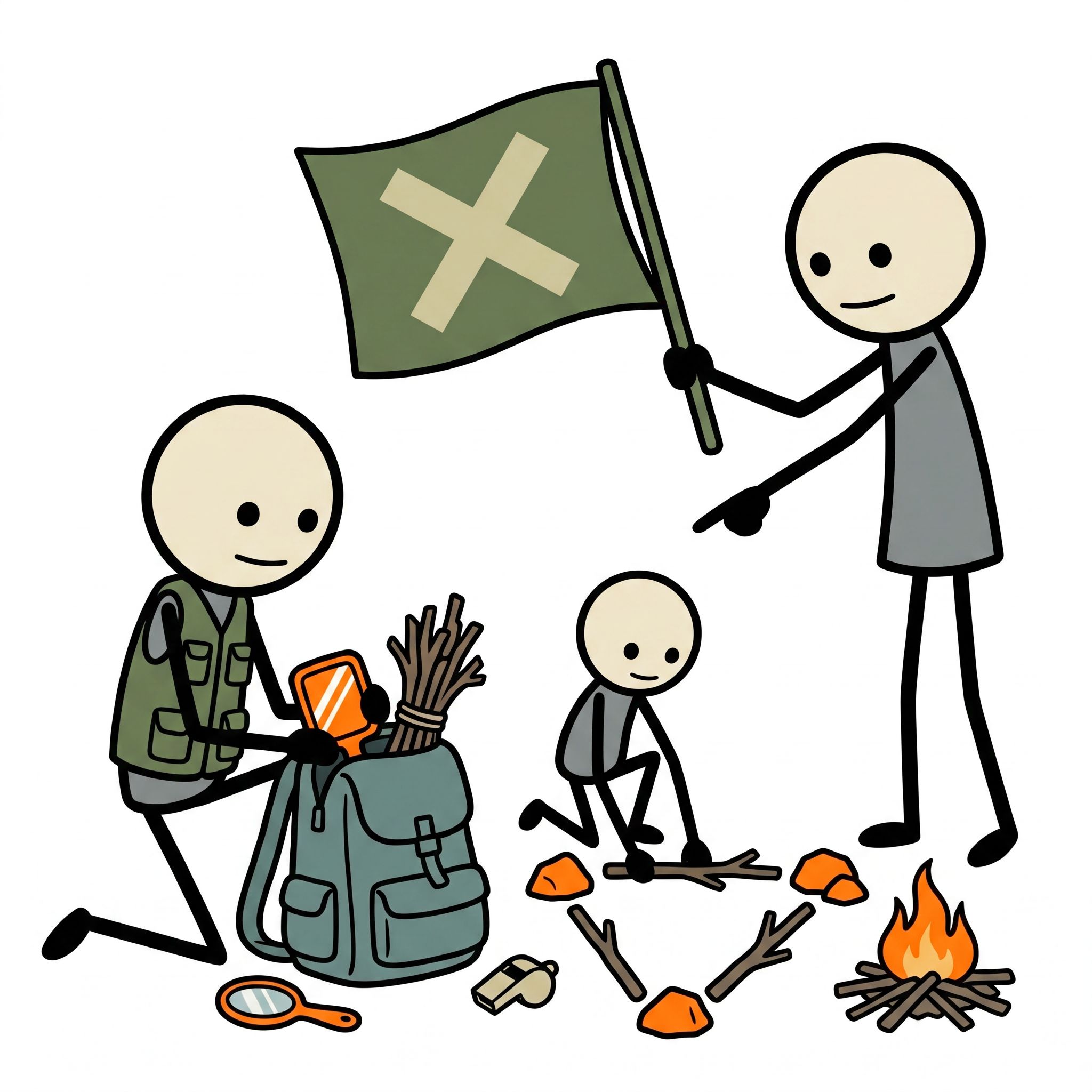 SC-style illustration for This post provides a comprehensive guide on utilizing primitive and non-electronic emergency signaling techniques, such as ground signals, mirrors, fires, and whistles, to attract rescue teams when modern technology fails in the wilderness.